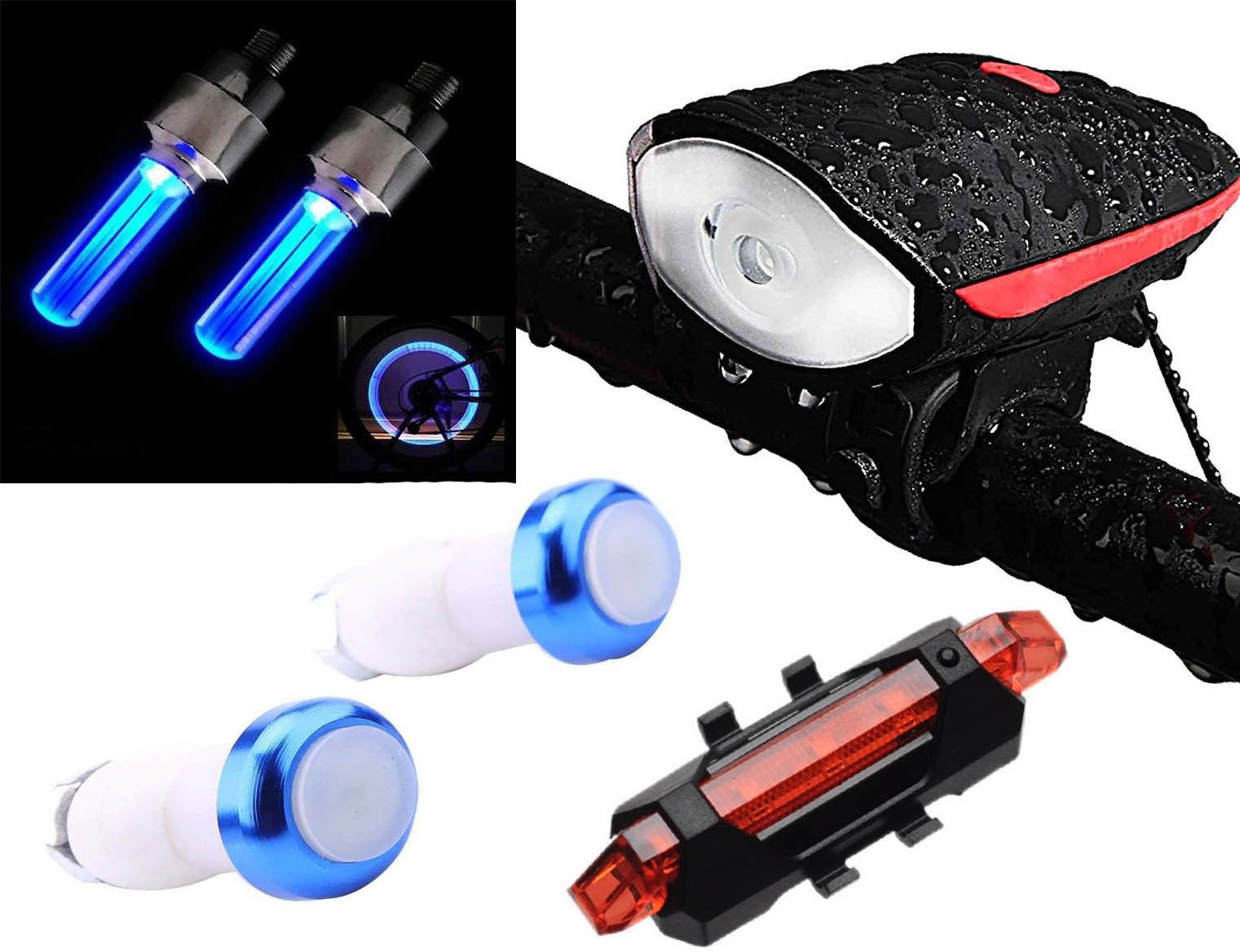 Combo of Bicycle Head Light Tail Light Handle Grip Light Tyre Valve Light LED Front Rear Light Combo-image-35