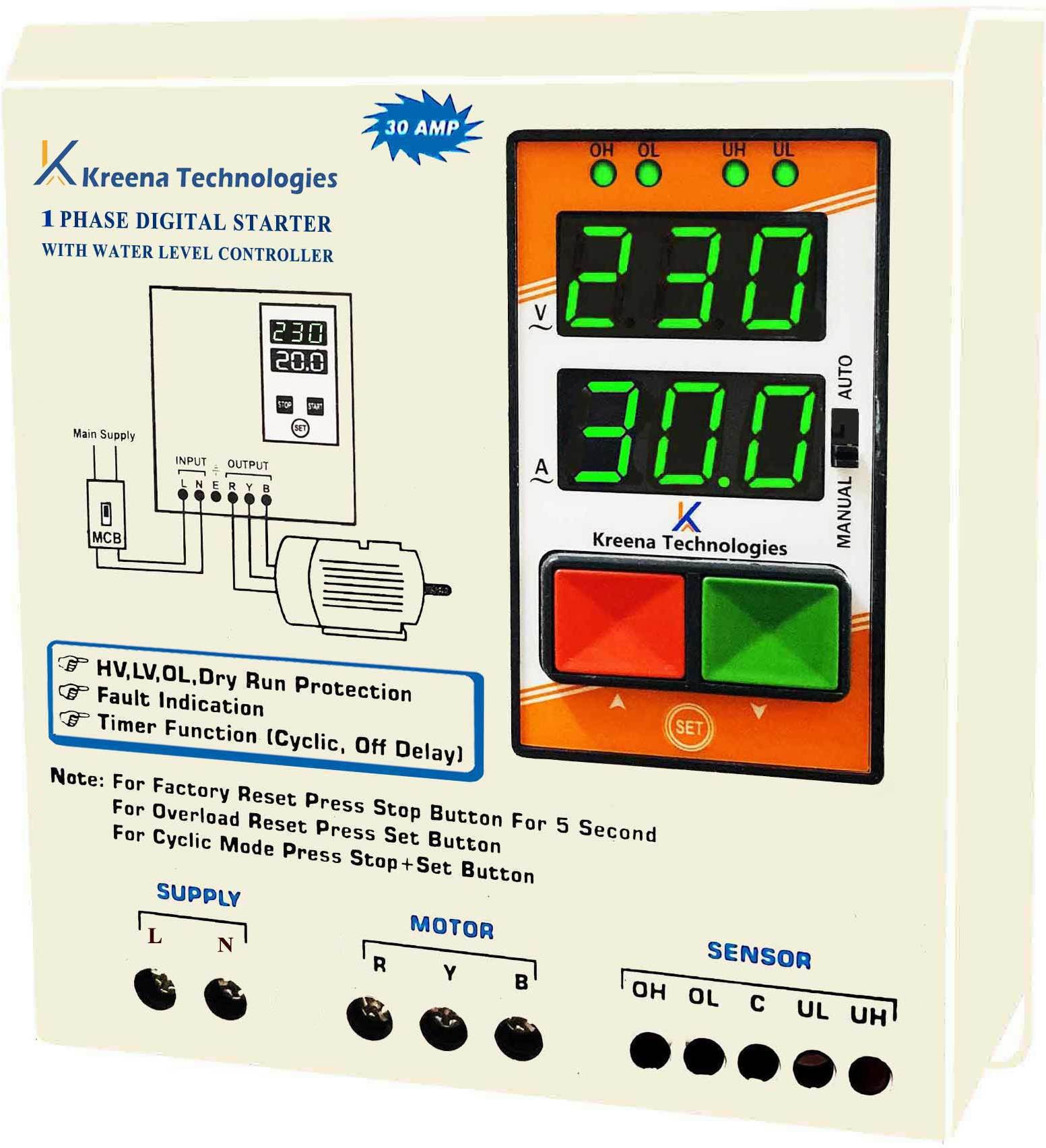 kreena technologies Digital water controller with starter with HV LV OL DRY protection with timer Wired Sensor Security System image 1