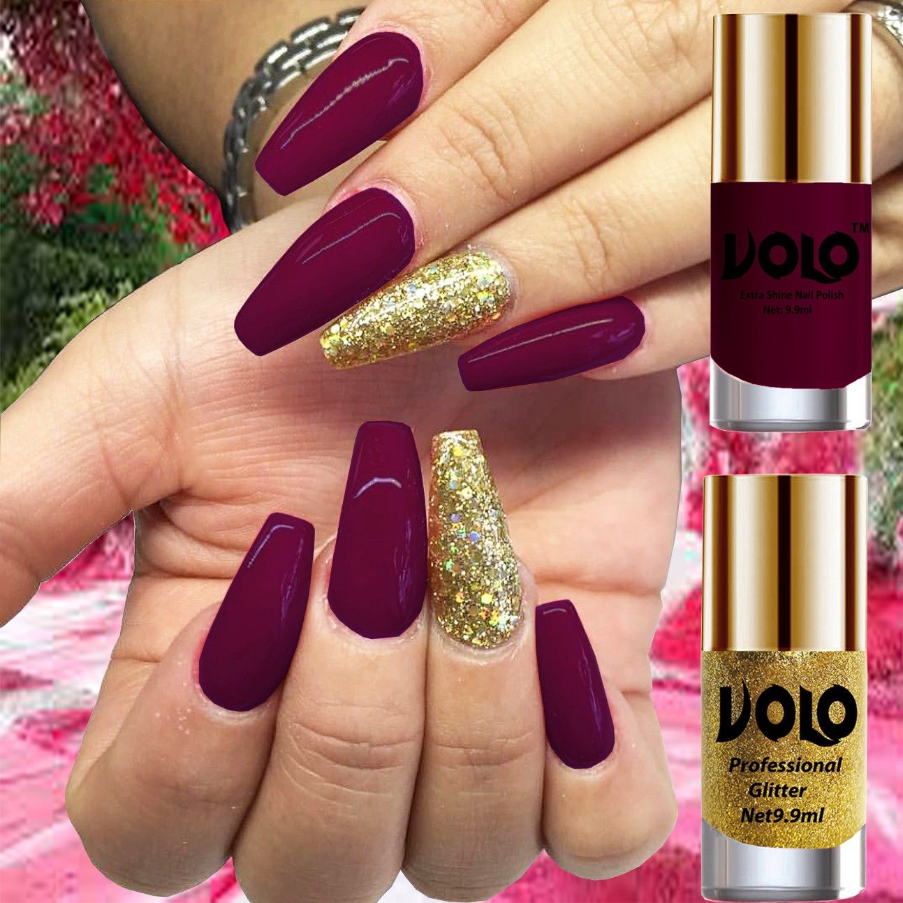 volo Gloss Shine Wine Nail Polish Glitter High Shine Golden Nail Paint Set of 2 Pcs Wine, Golden Glitter-picture-12