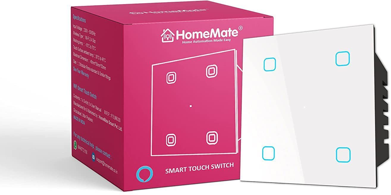 HomeMate Wi-Fi + Bluetooth Smart 4 Gang Touch Switch (White, Pack of 1) | No Hub Required Smart Switch