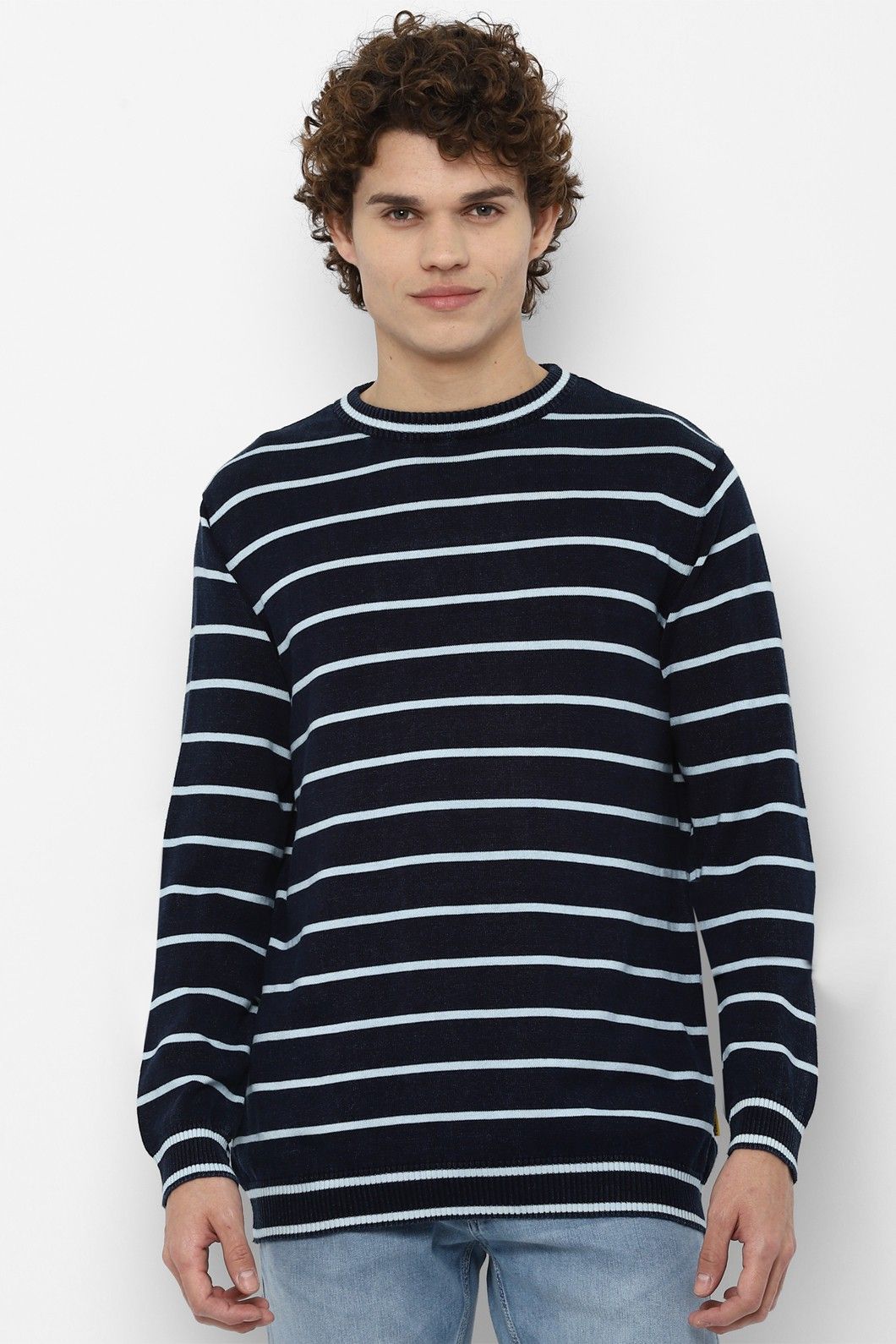 Men Striped Round Neck Blue Sweater-image-17