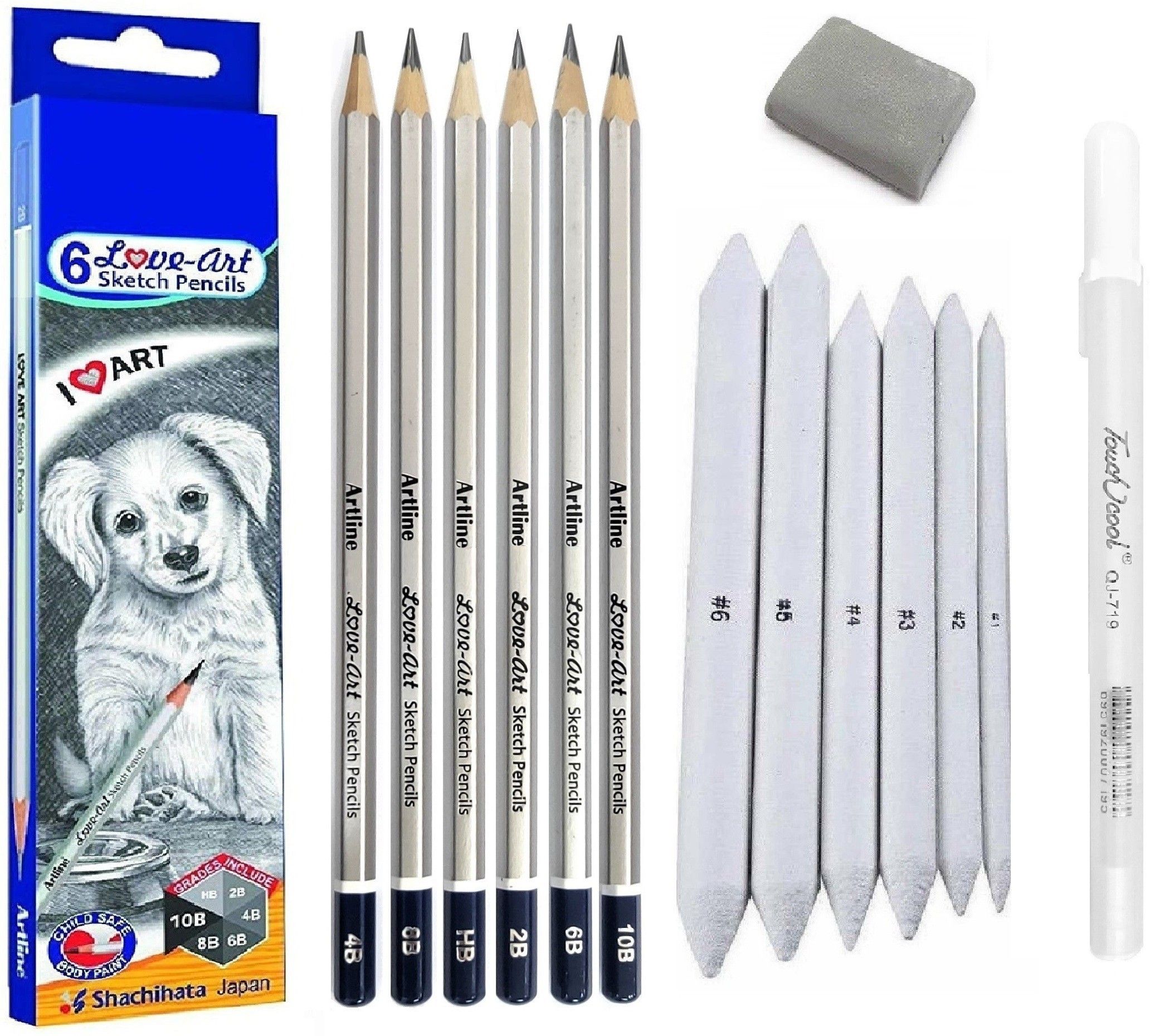 Artline 6pc Sketch Pencil, 6pc Blending Stumps, 1 X White Pen & Kneadable Eraser-image-27