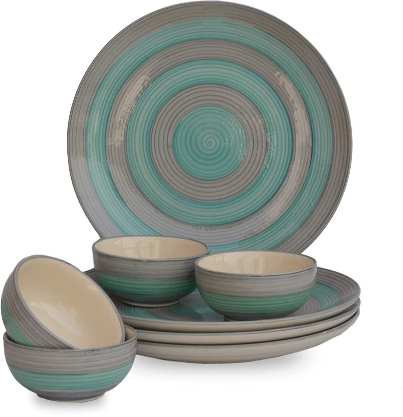 Pack of 8 Ceramic Hand Painted SeaGreen Grey 4 Dinner Plate, 4 Bowl Microwave & Dishwasher Safe Dinner Set-image-25