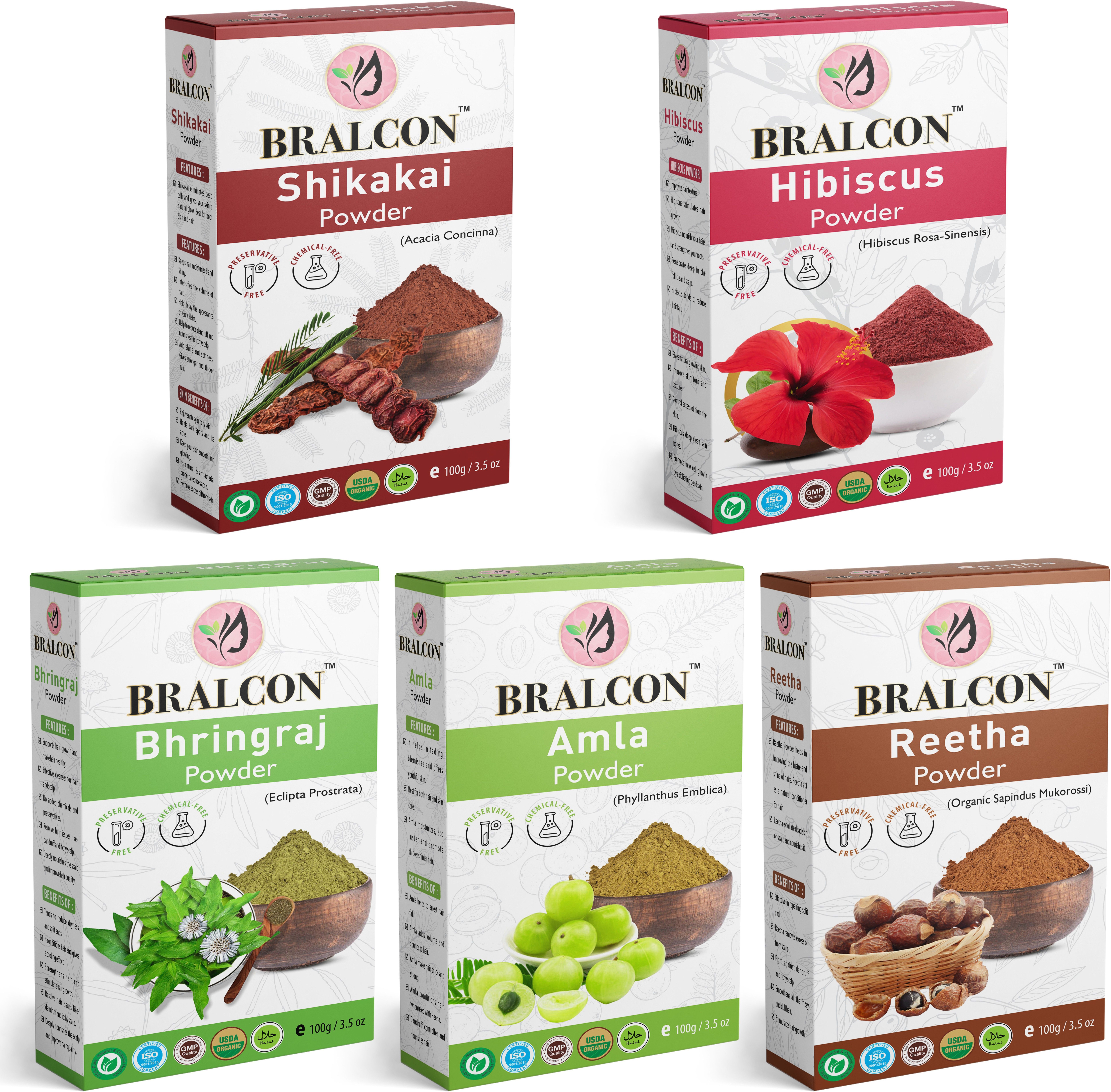 bralcon Organic Amla, Reetha, Shikakai, Bhringraj, Hibiscus Powder Combo-(100g 5 Pack)|-picture-43