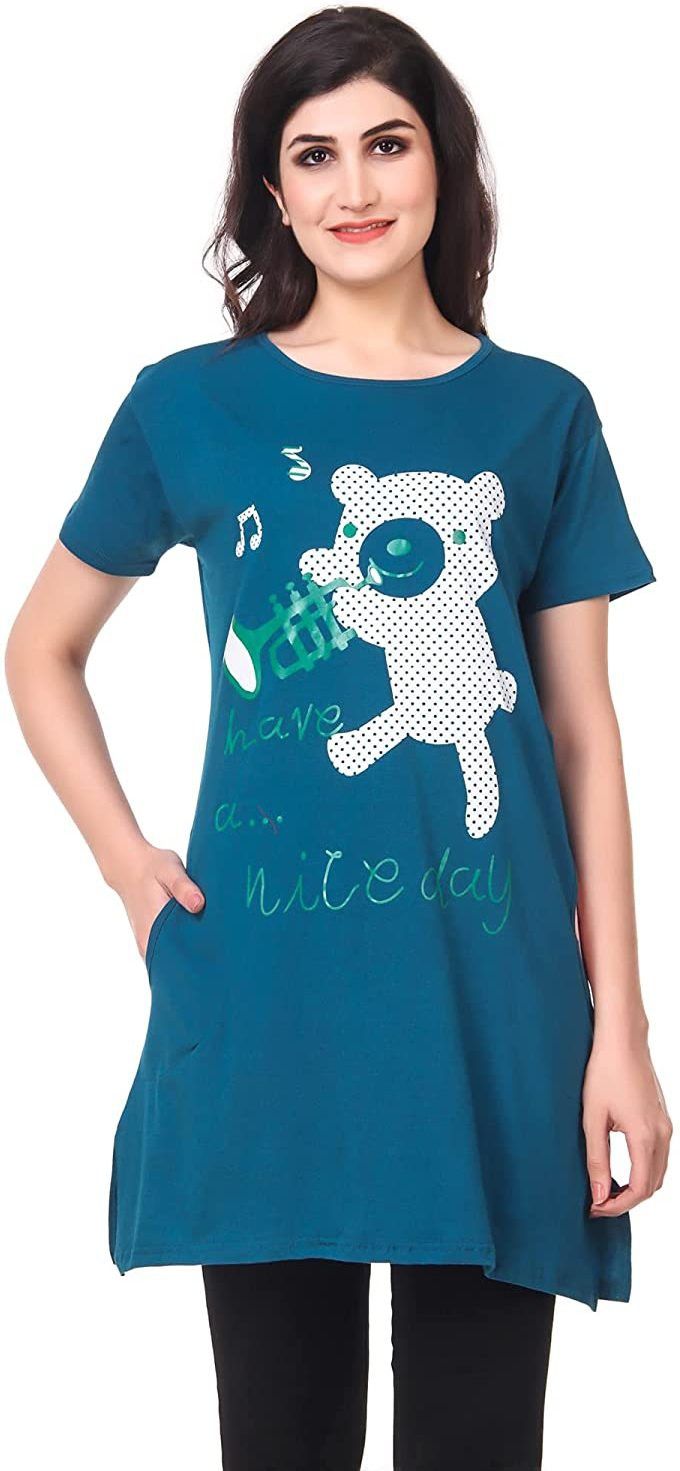 kanchan world Women Printed Round Neck Cotton Blend Blue T-Shirt-picture-15