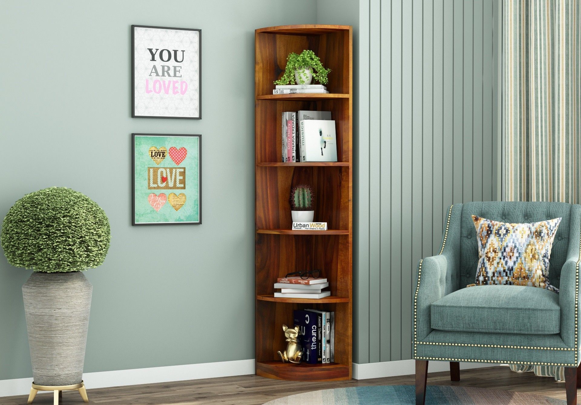 Rop Wooden Corner Bookshelf (Honey Finish) Solid Wood Open Book Shelf-image-4