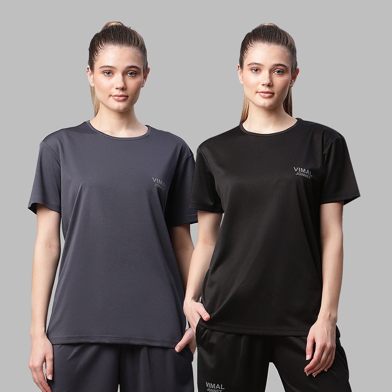 mack jonney Pack of 2 Women Solid Round Neck Polyester Black, Grey T-Shirt-picture-30