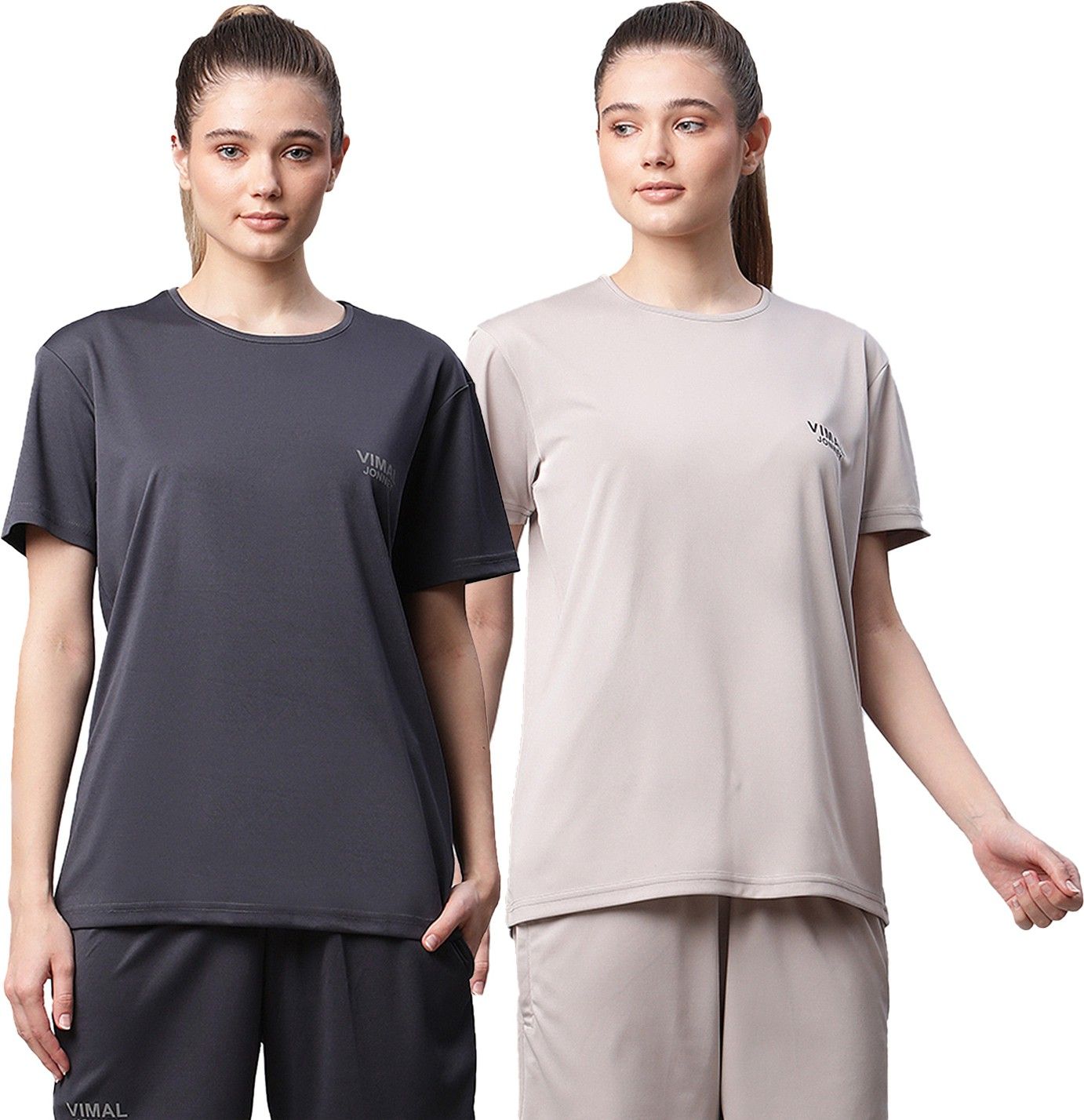 mack jonney Pack of 2 Women Solid Round Neck Polyester Multicolor T-Shirt-picture-22