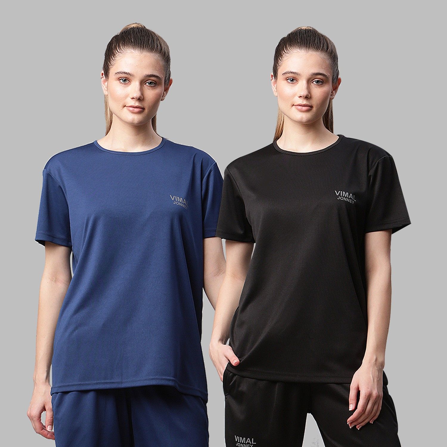 mack jonney Pack of 2 Women Solid Round Neck Polyester Blue, Black T-Shirt-picture-21