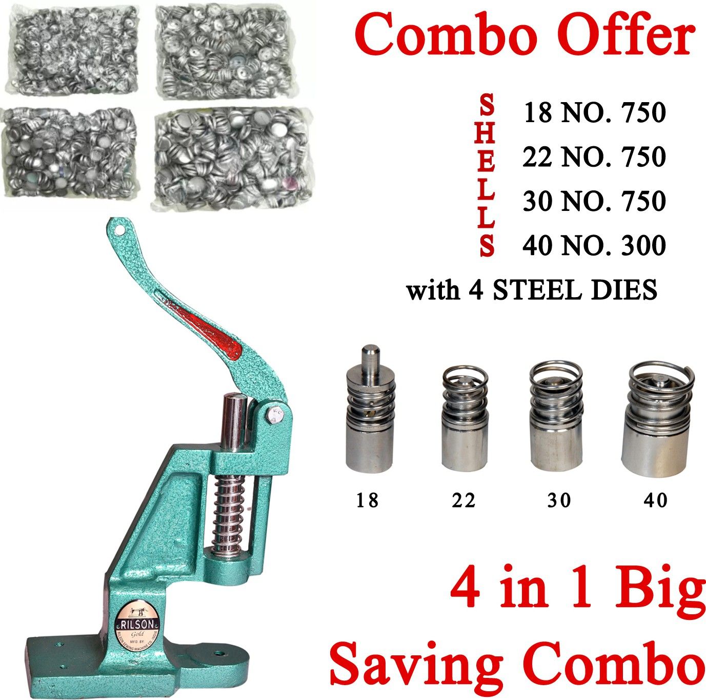 Cast Iron Fabric Button Making Machine-4 Steel Dies(18,22,30,40) and 2550 Shells