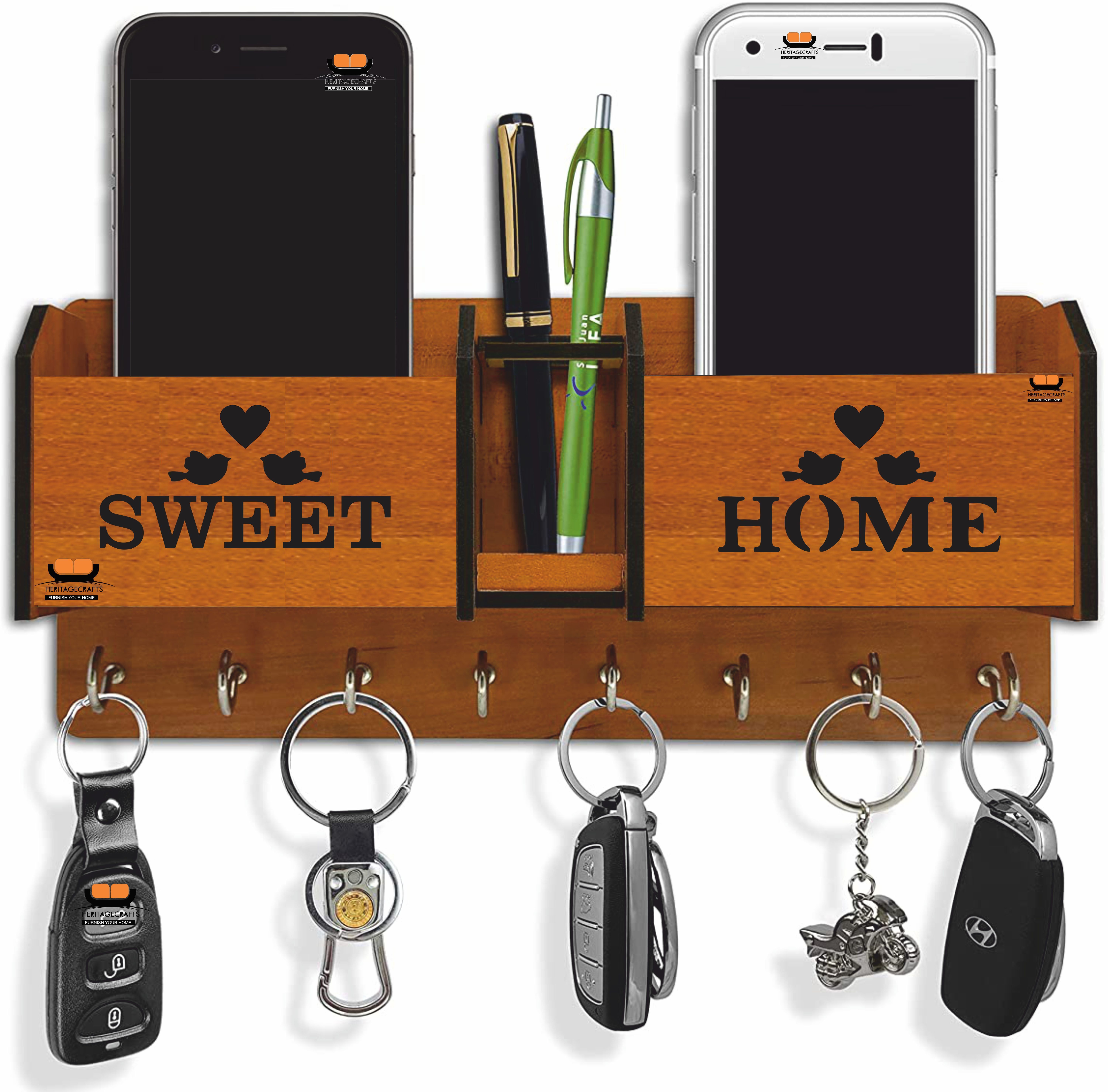 Beautiful Designer Sweet Home Wooden 2 Pocket Mobile and Pen holder 8 Hooks Wood Key Holder-image-8