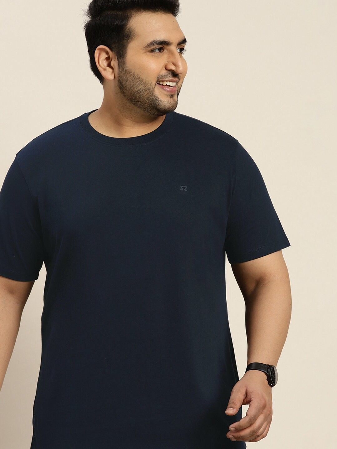 Men Solid Round Neck Pure Cotton Navy Blue T-Shirt-image-27