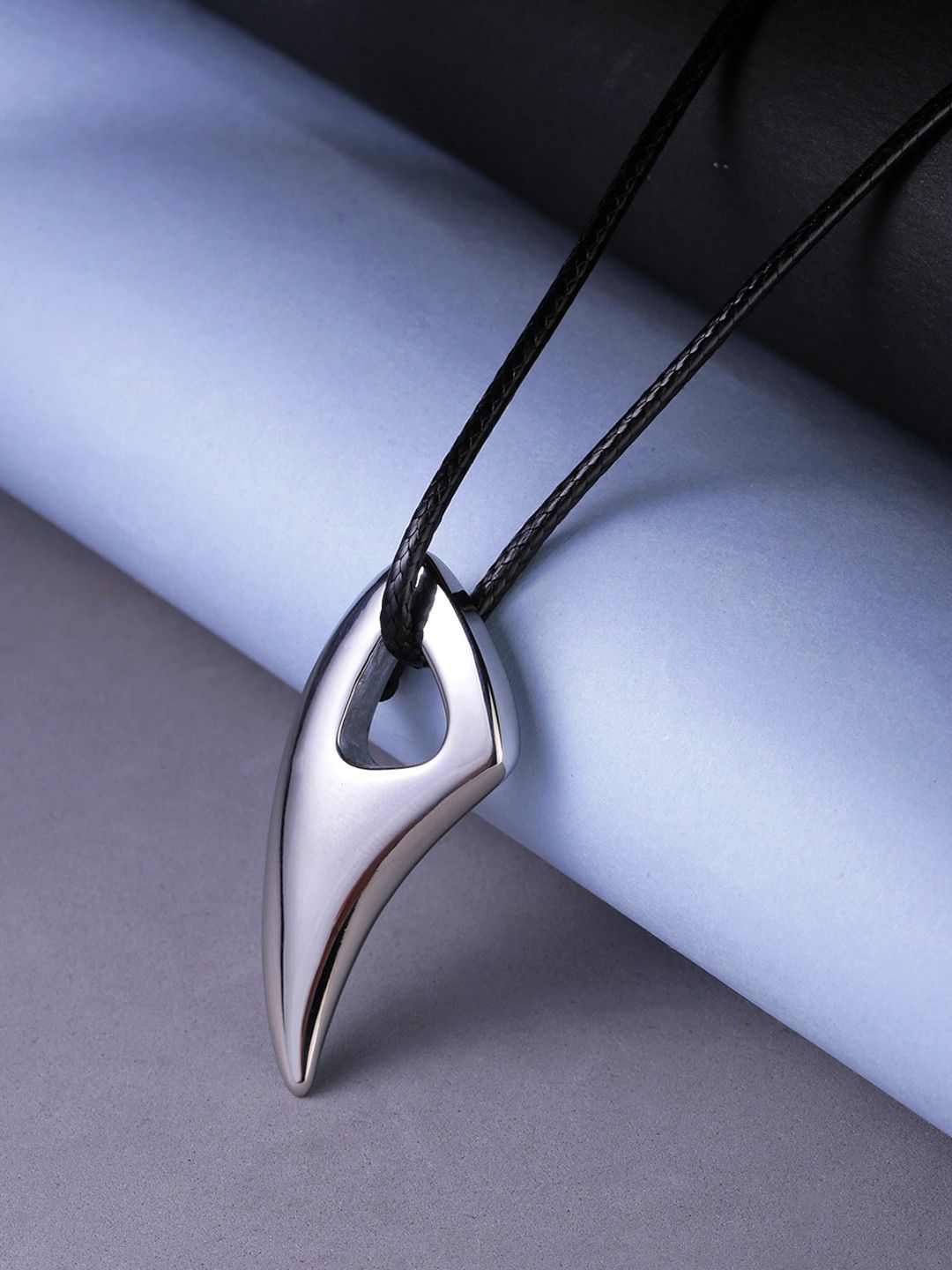 yellow chimes Stainless Steel Wolf Tooth Black Leather Rope Pendant for Men and Boys Leather, Stainless Steel Locket-picture-0