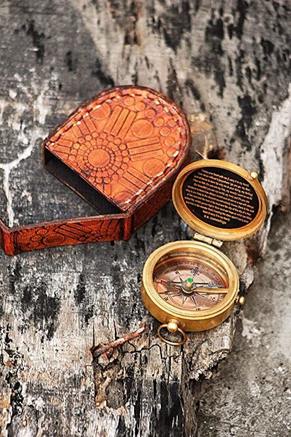 Brass Antique Flat Pocket Compass with Lather Box Best for Gift Compass-image-27