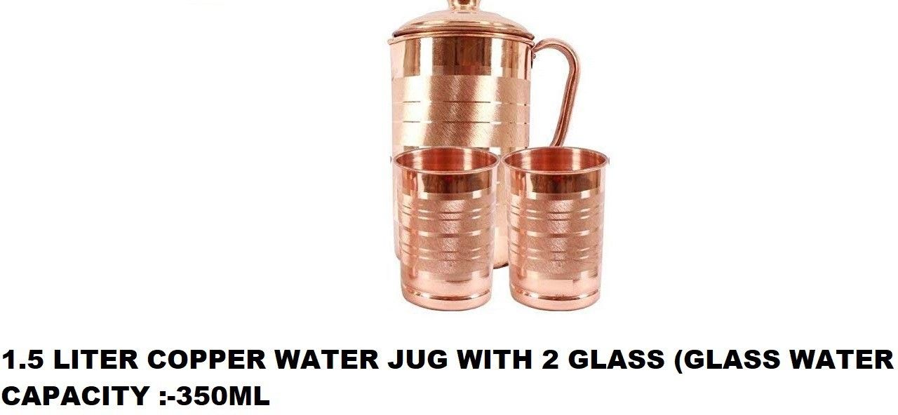 COPPER JUG 1.5 LITER WITH 2 GLASS ( 350 ML WATER CAPACITY) Jug Glass Set