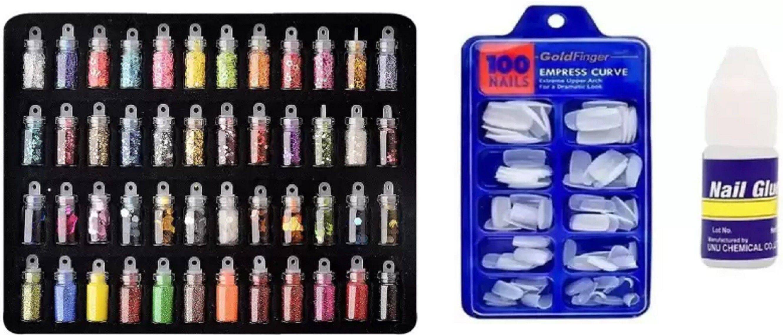 48 Pcs 3D Nail Art Kit. Glitter Sequins Rhinestones & Artificial Nails With Glue-image-48