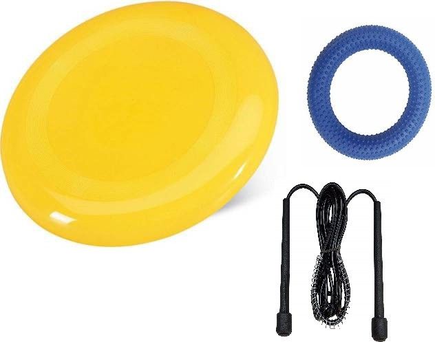 Yellow Color Flying Disc || Blue Dotted Tennikoit Ring || Black Skipping Rope || Plastic, Rubber Sports Frisbee