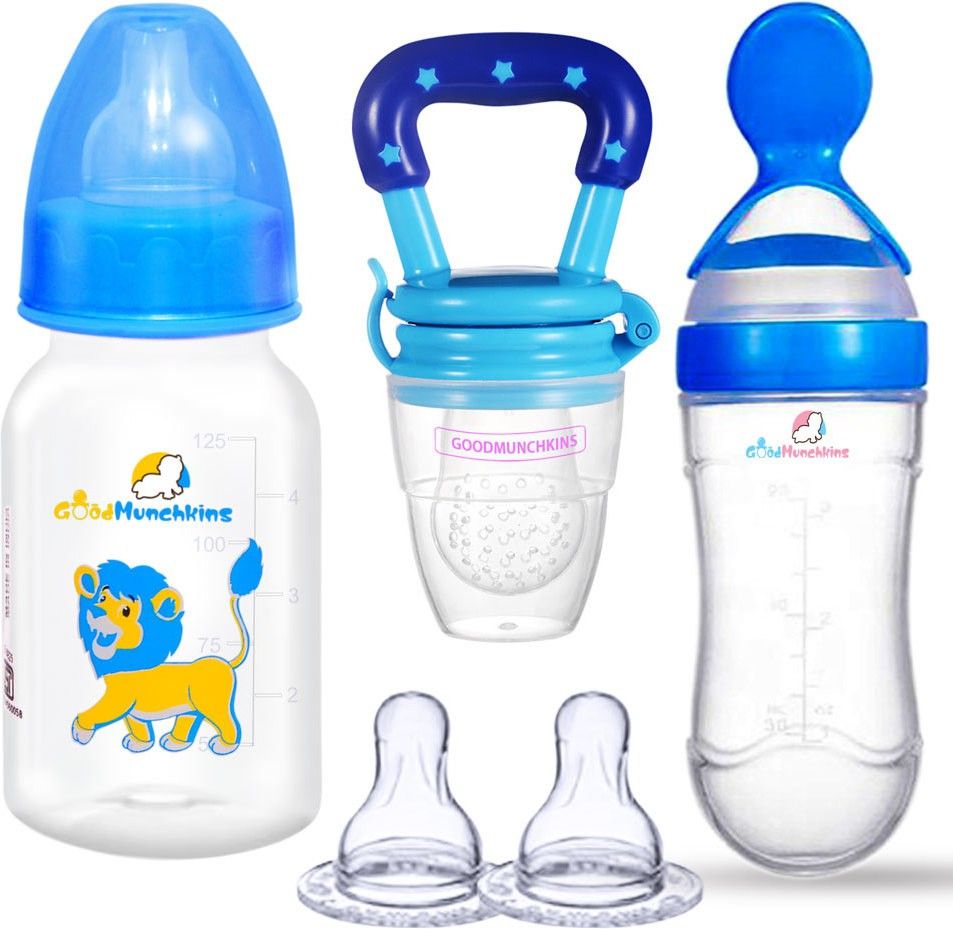 Baby Feeding Bottle, PP, BPA Free, 0m+Fruit Feeder+Food Feeder+2 Nipples (Blue) - Food Grade Silicone-image-29