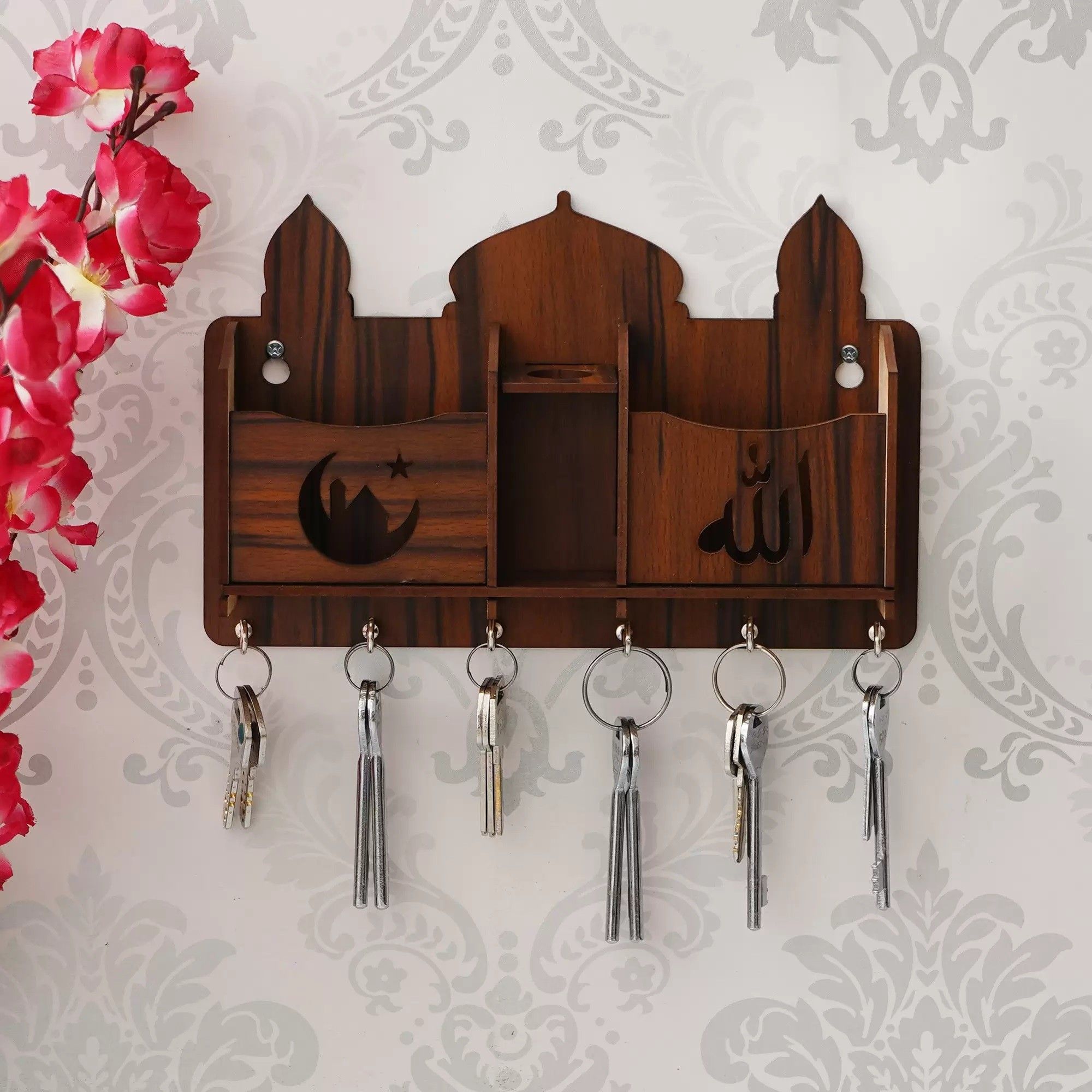 Allah 2 Mobile Holder With Pen Holder Wood Key Holder 6 hooks wall decortion Wood Key Holder-image-43