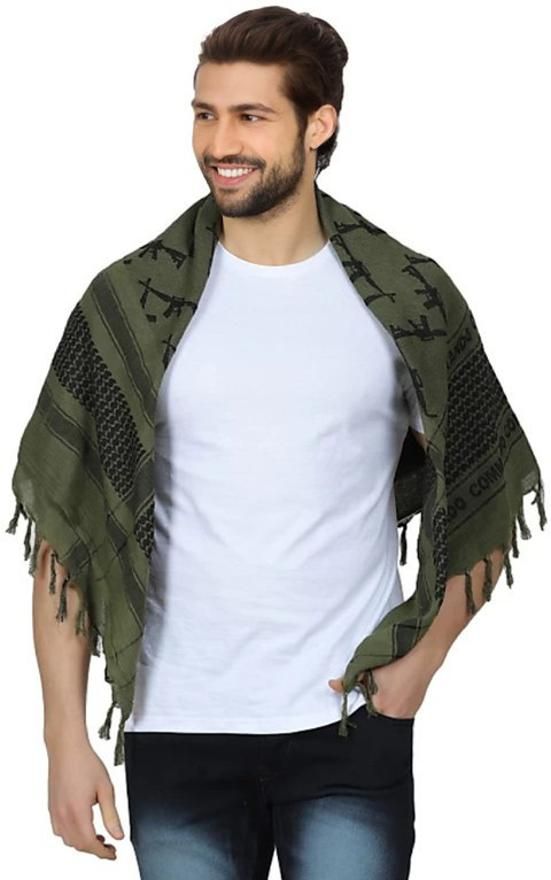Embroidered Pure Cotton Men Dark Green Scarf