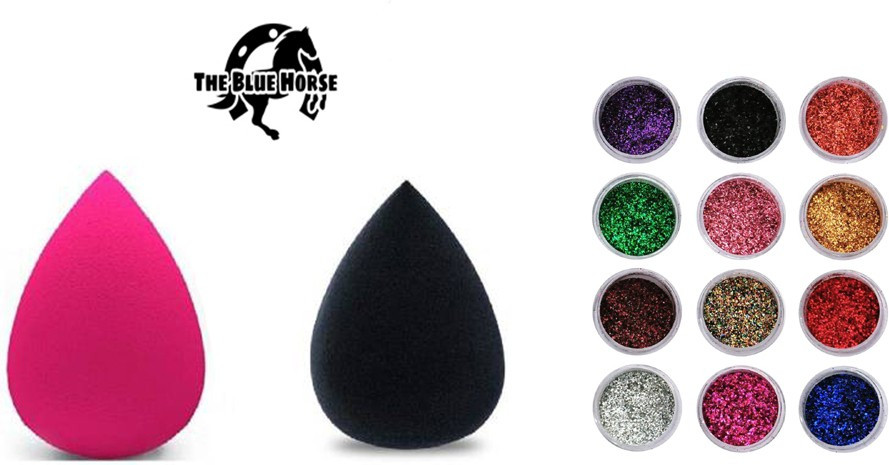 the blue horse Nail Glitter Set of 12 and Blender Puff Set of 2 Combo Pack of 3 image 1