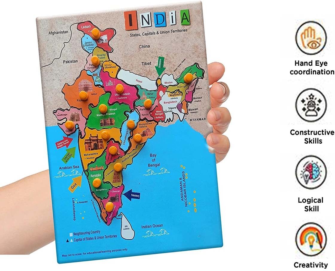 poktum Wooden India Map educational puzzle India with State Capitals-picture-34