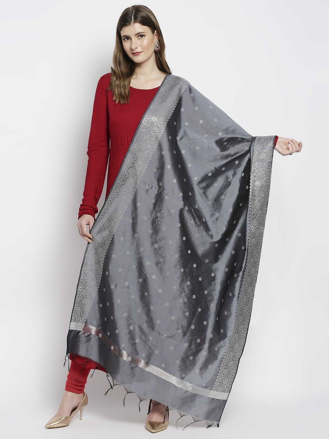 dupatta bazaar Silk Blend Woven Grey Women Dupatta-picture-12