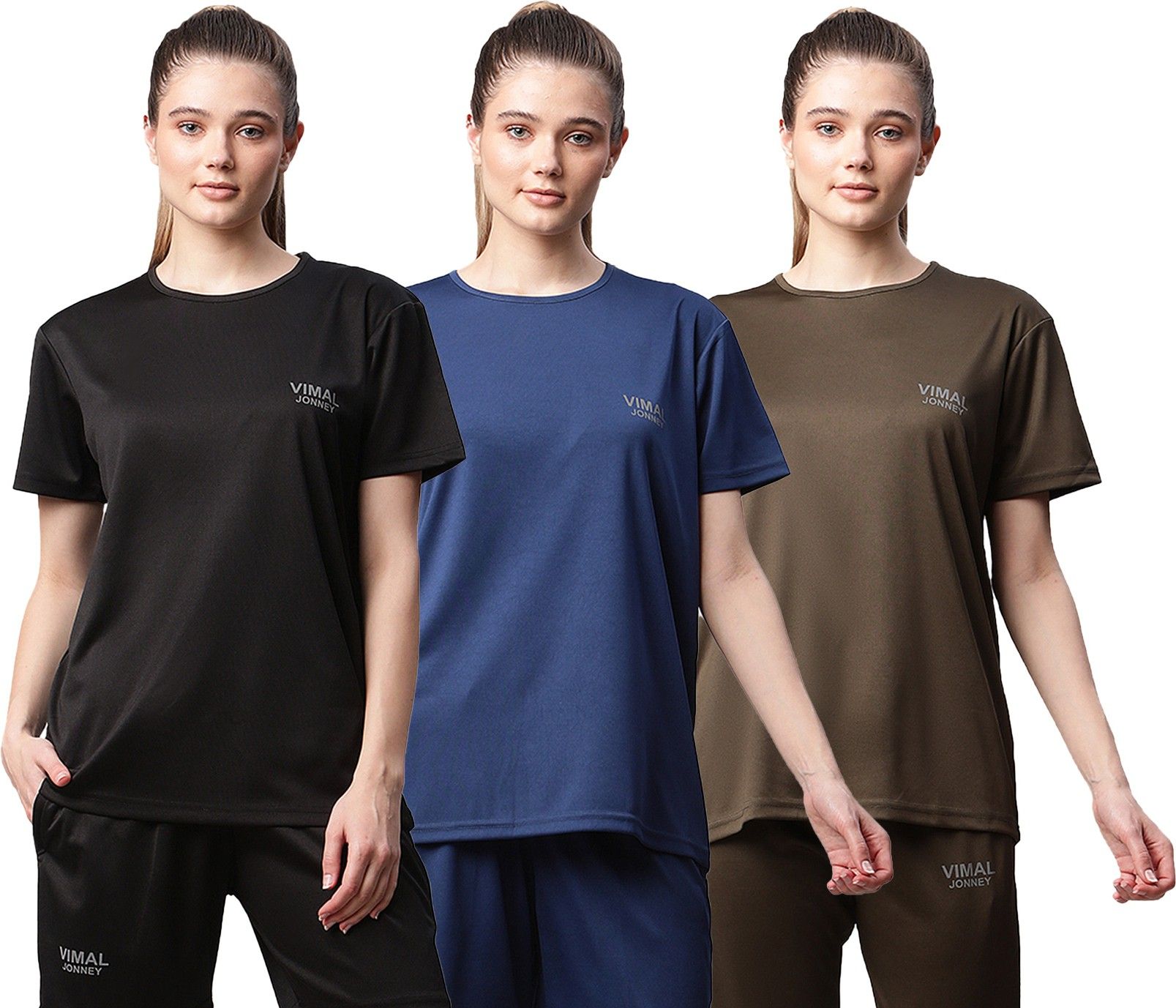 mack jonney Pack of 3 Women Solid Round Neck Polyester Multicolor T-Shirt-picture-24