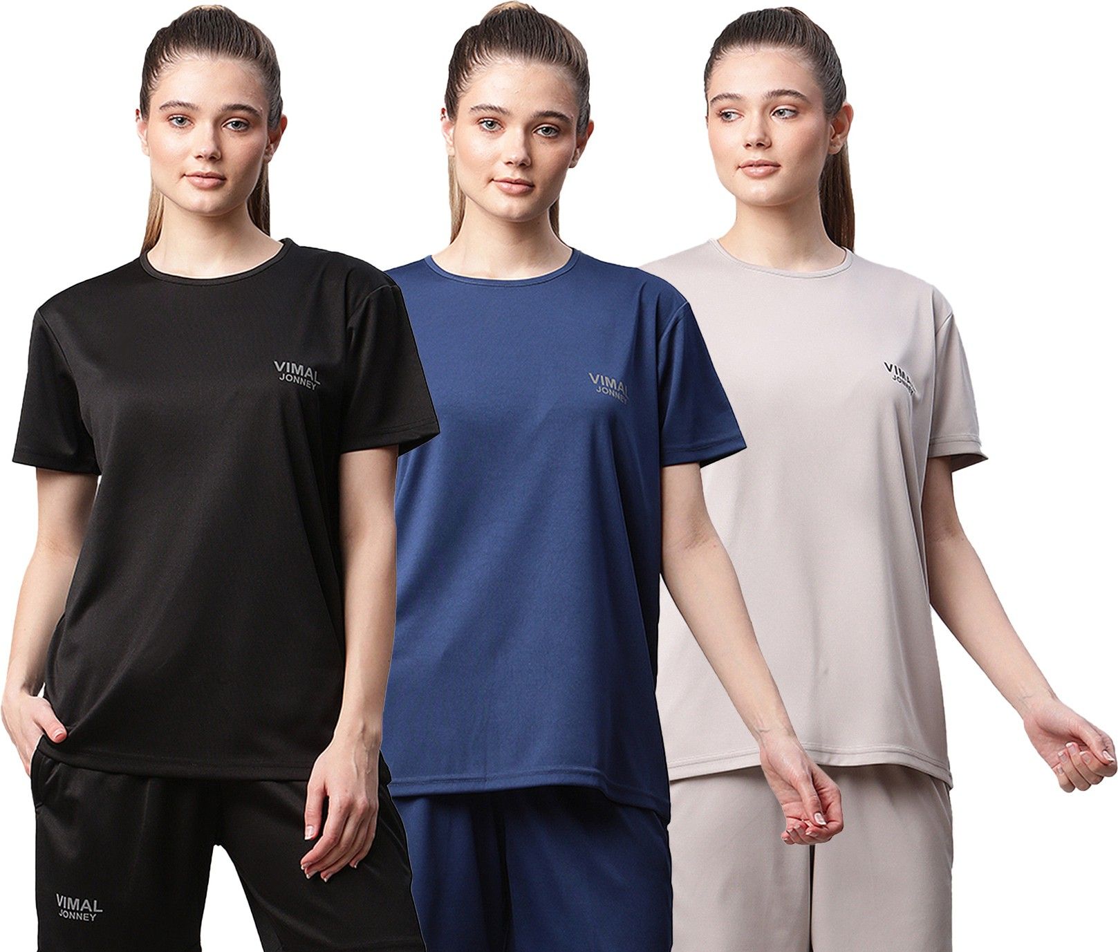 mack jonney Pack of 3 Women Solid Round Neck Polyester Multicolor T-Shirt-picture-23