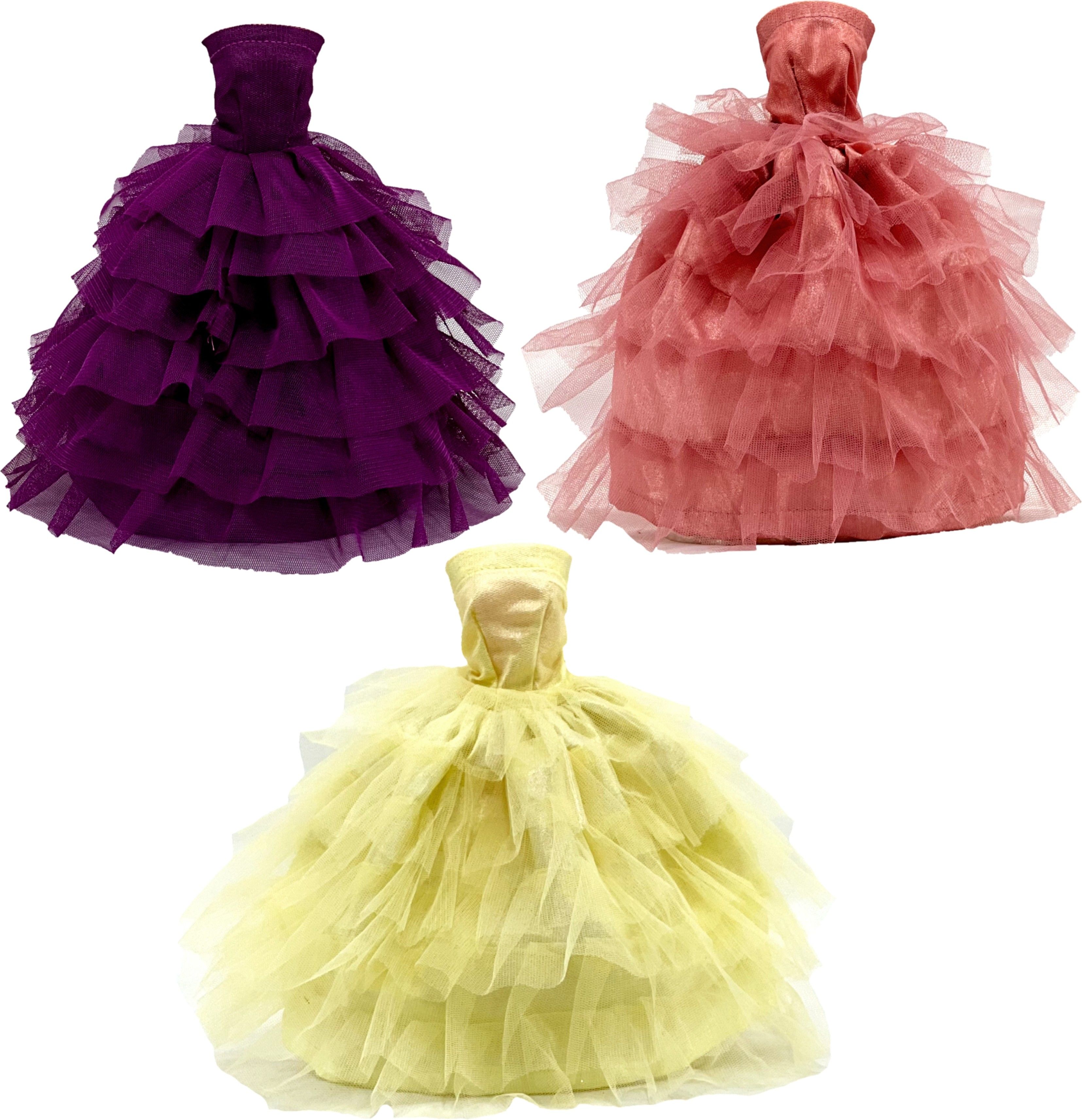 - Handmade Clothes Frock For Dolls [Pack of 3 - Purple/Copper/Yellow]