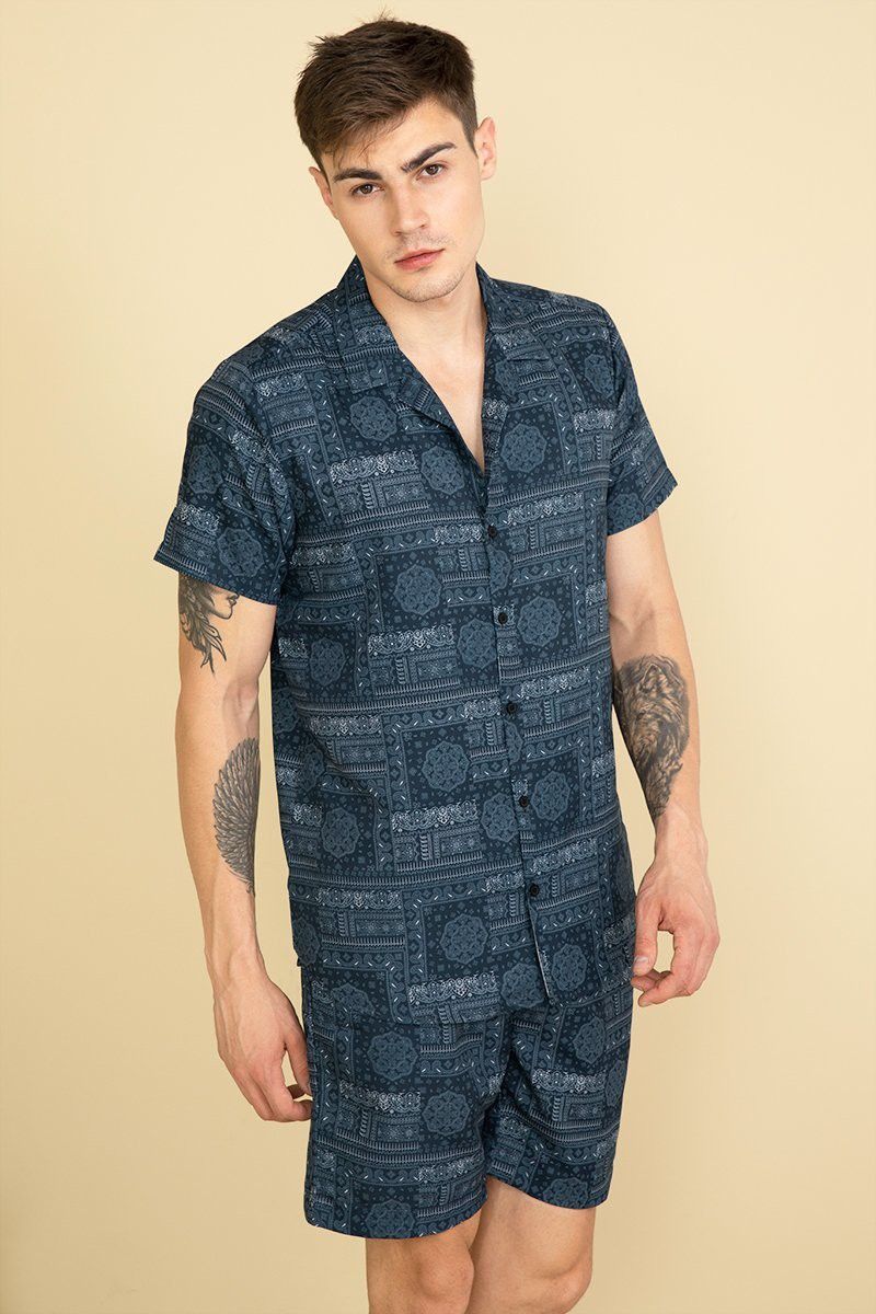 Men Top & Shorts Set Dark Blue Printed-image-33