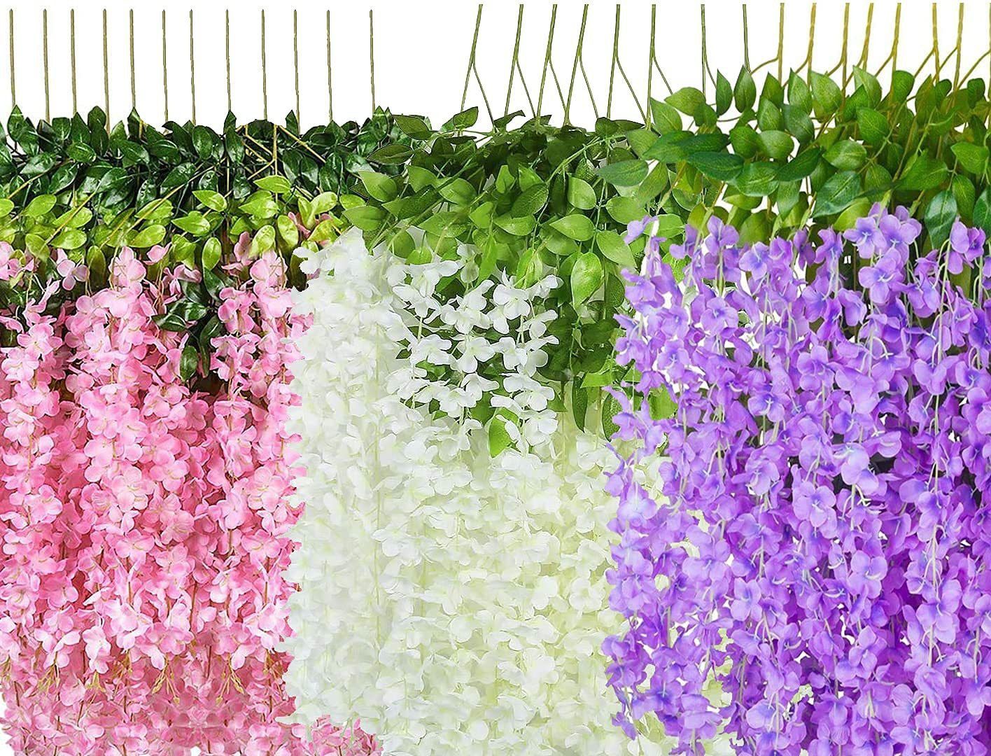 Artificial Wisteria Flower 4 White & 4 Pink & 4 Purple Vine Hanging Home Decor White, Pink, Purple Westeria Artificial Flower