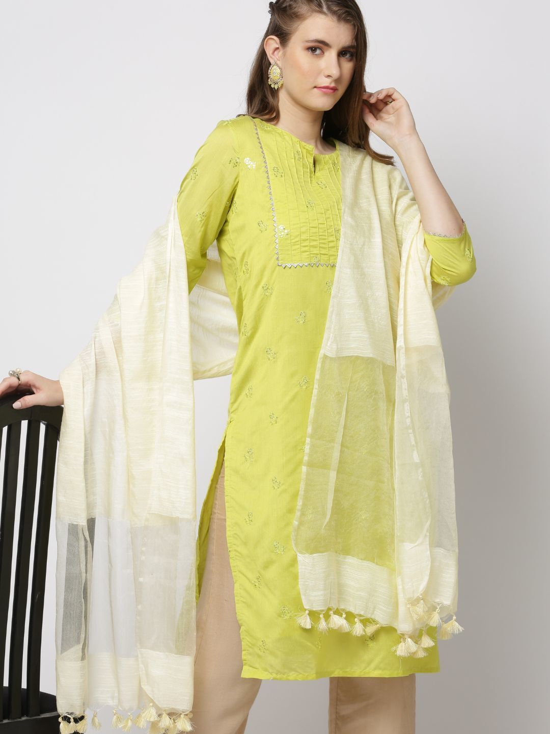 Cotton Blend Self Design Beige Women Dupatta-image-25