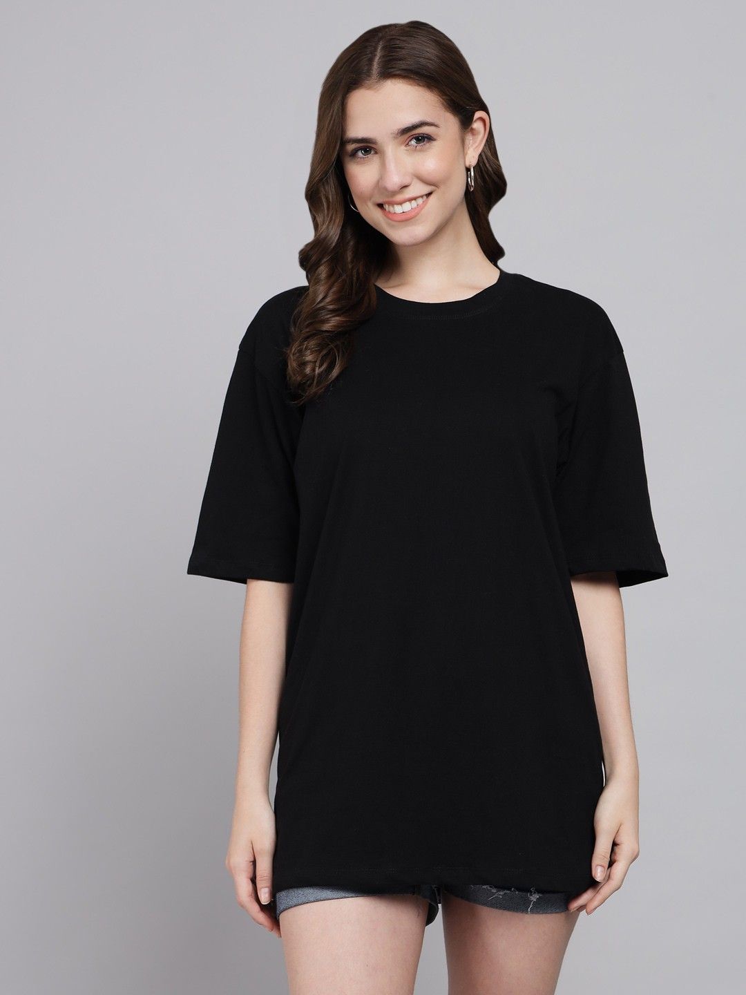 funday fashion Women Solid Round Neck Cotton Blend Black T-Shirt-picture-32