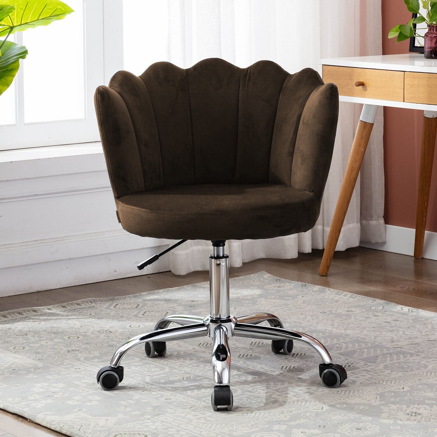 Modern Crown Chair with Wheels Desk Task Chair Velvet Fabric in Brown Color Acrylic Office Adjustable Arm Chair-image-2