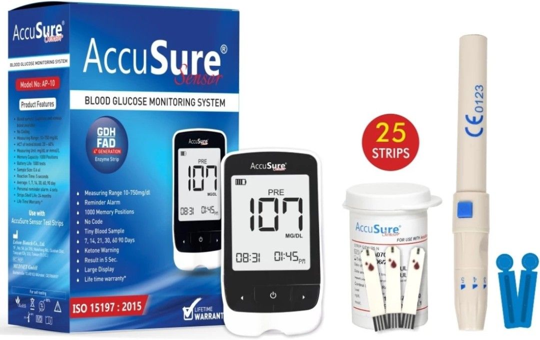 AccuSure SENSOR BLOOD GLUCOSE METER WITH 25 STRIPS AND 10 LANCETS 25 Glucometer Strips-picture-11