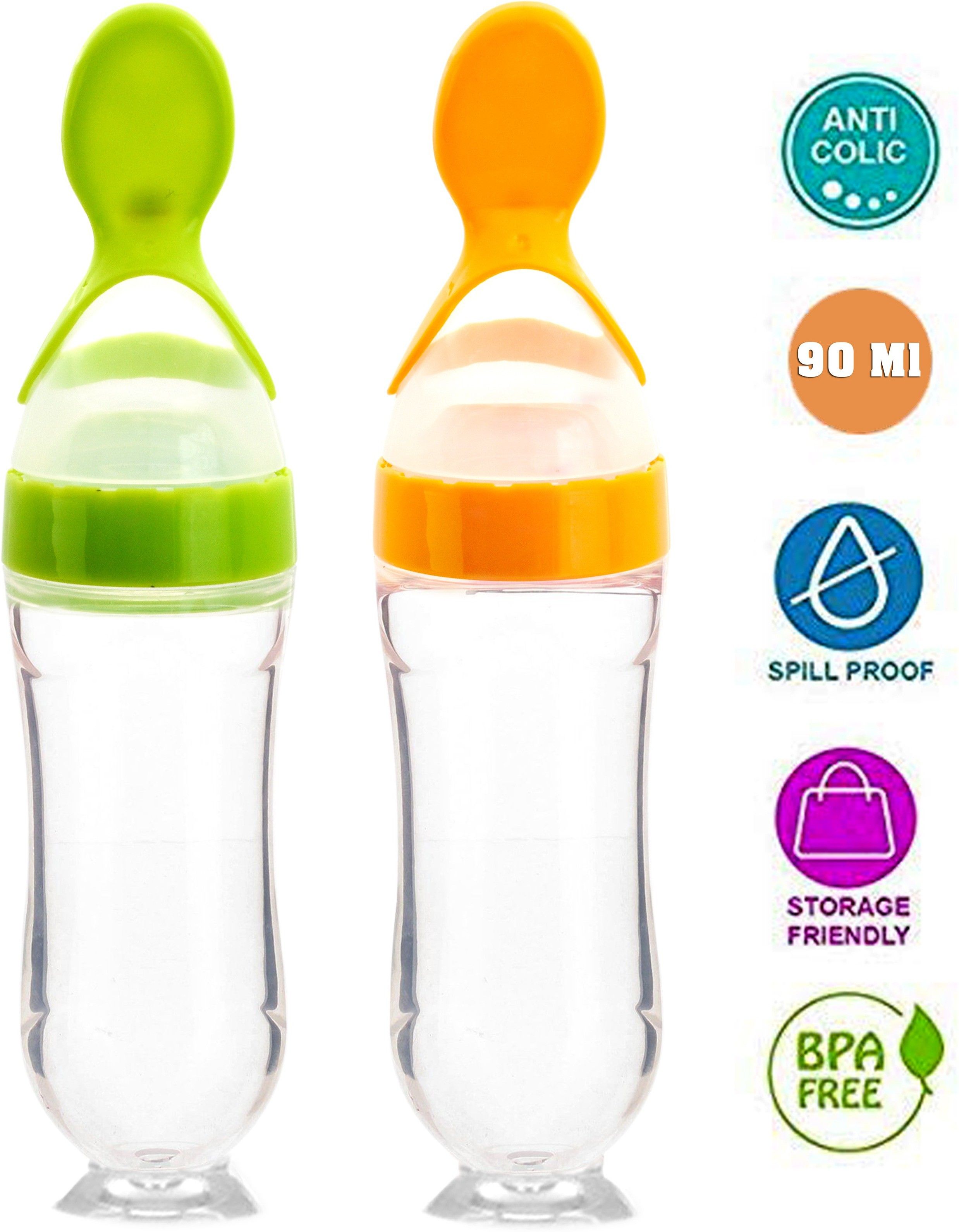 the little lookers Infant Baby Squeezy Food Grade Silicone Bottle Feeder with Soft Silicon|Spoon Feeder|Ceralac Feeder|Rice Paste Milk Food Feeder 90 ML (Squeezy Feeder - Yellow & Green) (Pack of 2)- Silicone-picture-40