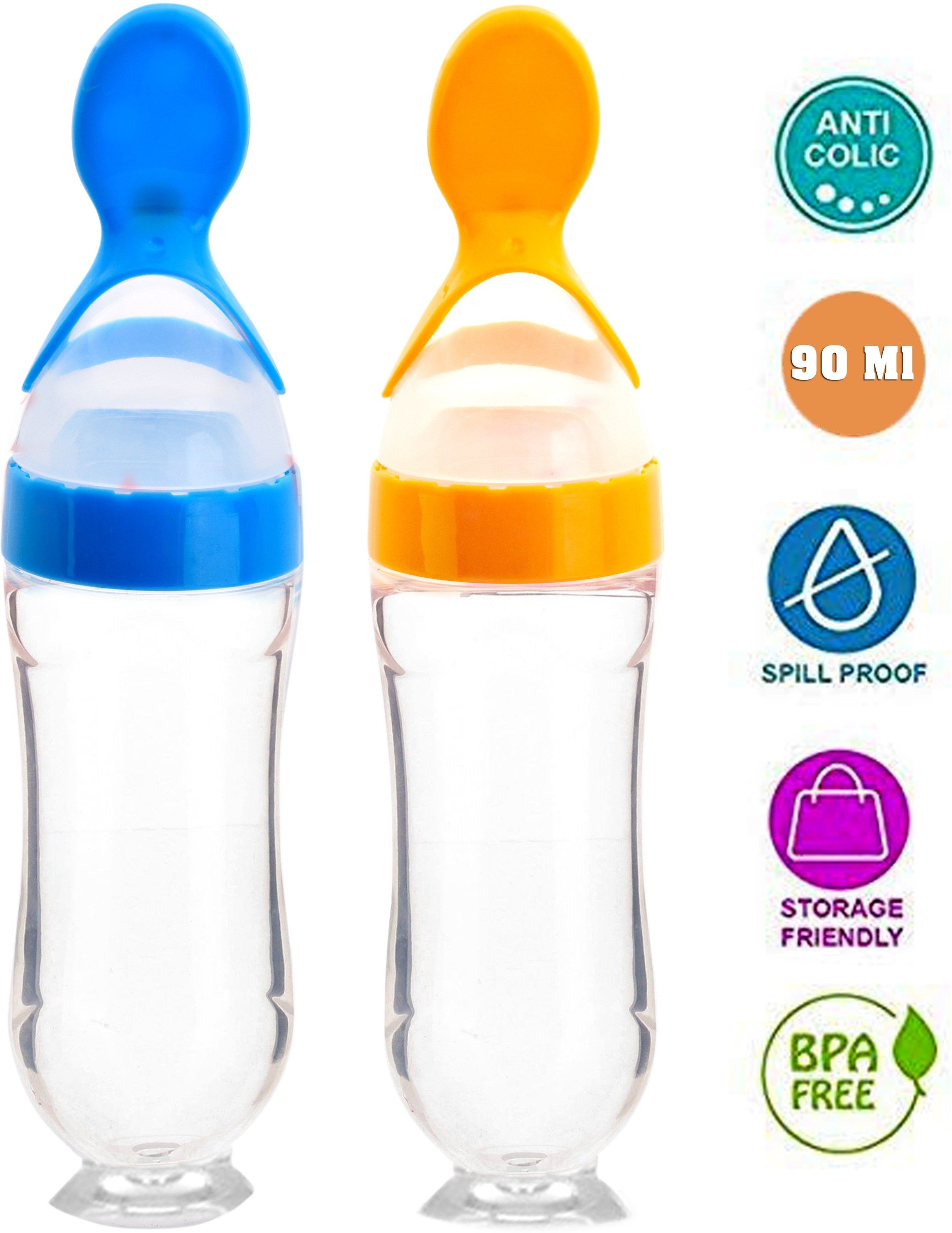 the little lookers Infant Baby Squeezy Food Grade Silicone Bottle Feeder with Soft Silicon|Spoon Feeder|Ceralac Feeder|Rice Paste Milk Food Feeder 90 ML (Squeezy Feeder - Yellow & Blue) (Pack of 2) - Silicone-picture-12