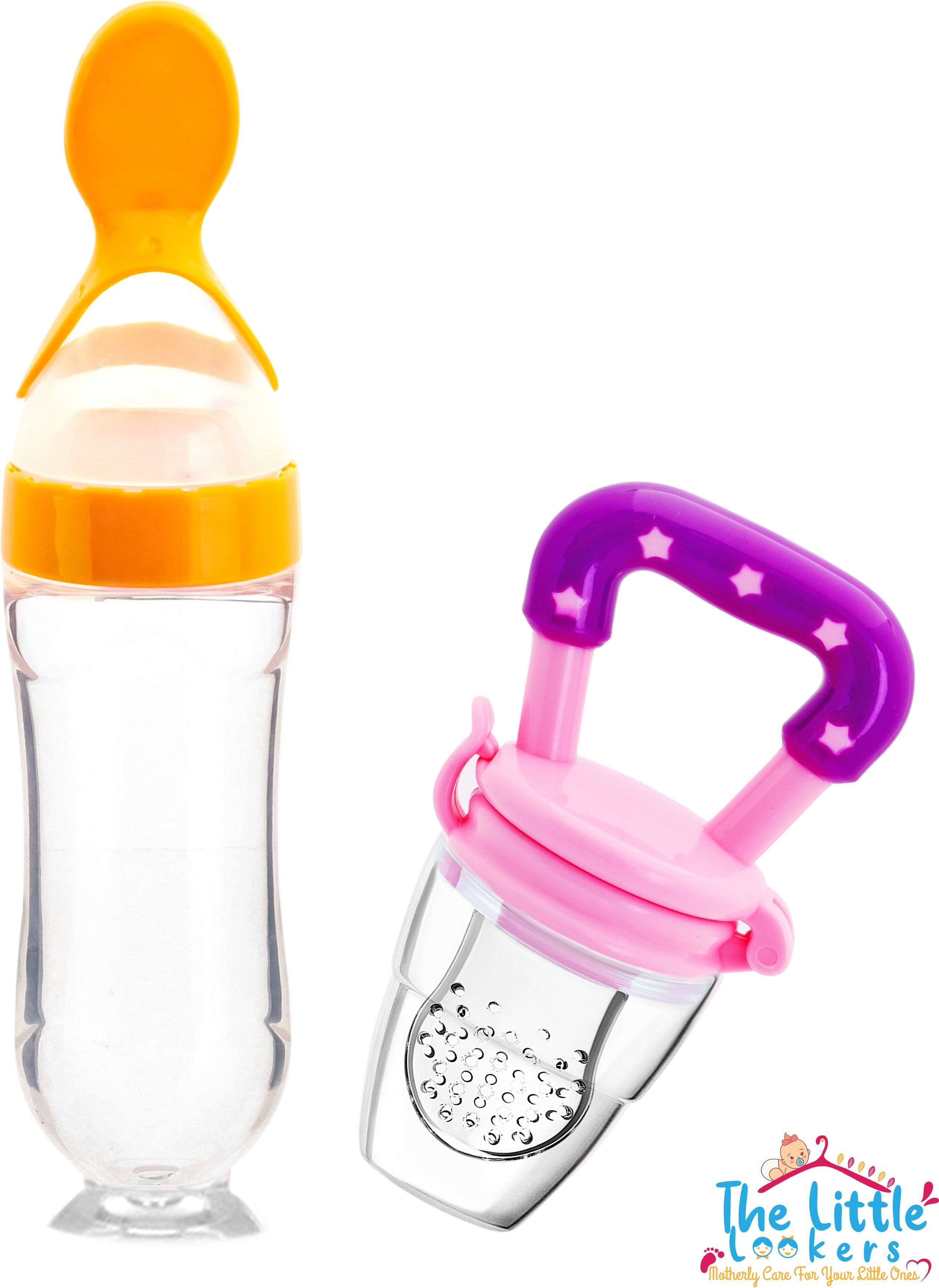 the little lookers Infant Squeezy Food Grade Silicone Bottle Feeder & Silicone Food Fruit Pacifier/Nibbler/Soother for Babies/Kids/Children (Squeezy Feeder 'Yellow' + Pacifier 'Pink') (Pack of 2) - Silicone-picture-41