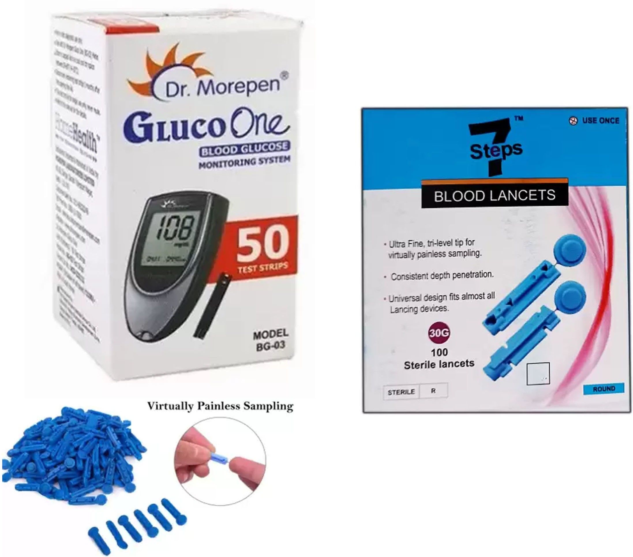 Seven Steps 100 Round Lancets With Dr. Morepen Gluco one BG-03 Blood Glucose 50 Test Strips Glucometer Lancets-image-27