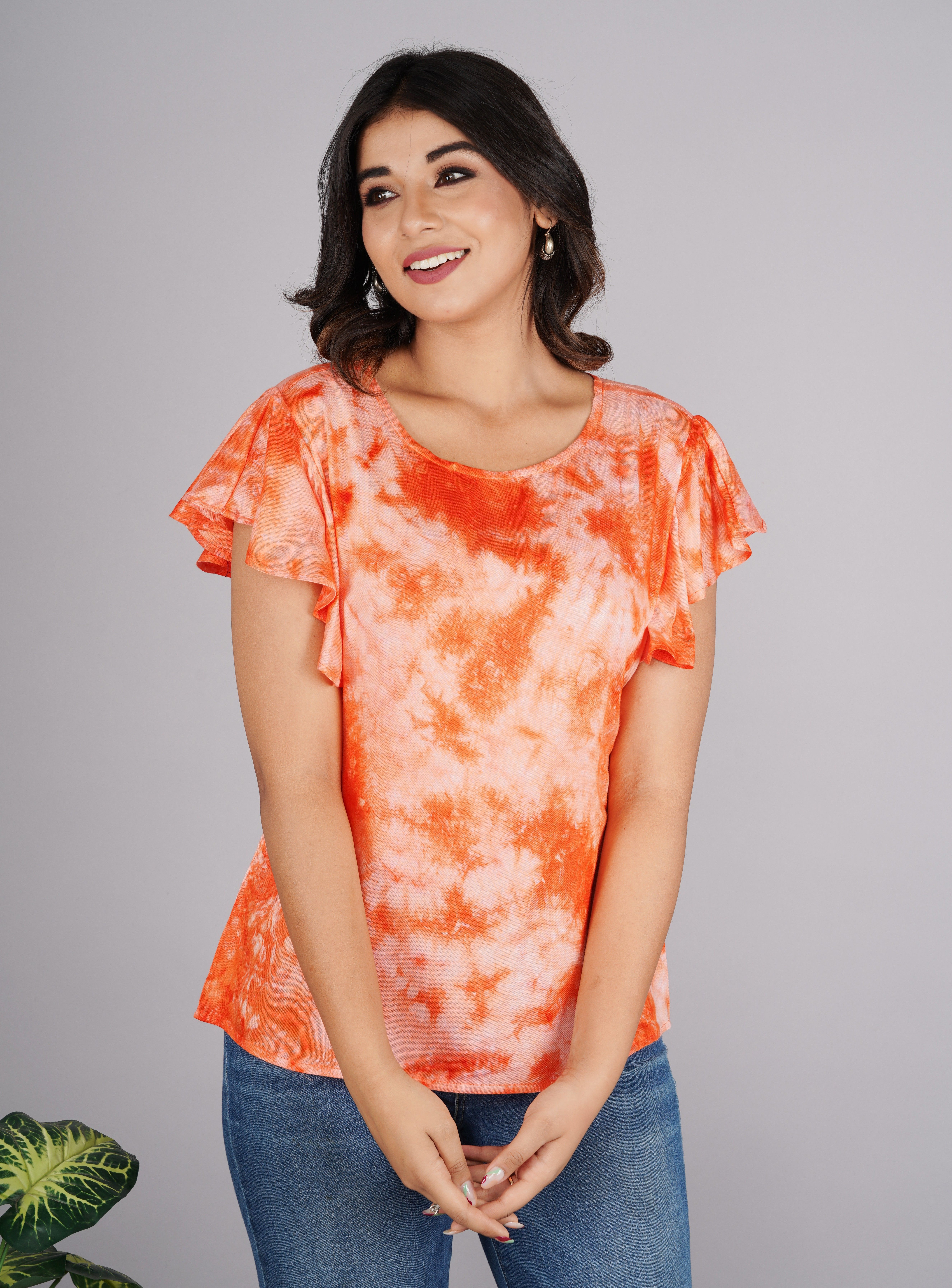 Casual Flared Sleeves Tie & Dye Women Pink Top