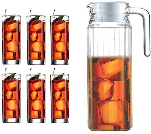 S1Store Good Quality Crystal Clear Drink Ware Glass Jug Glass Set For Drinking Juice, Water, Sarabat, Soda Ect.. 6 Pcs 280ml Drinking Glass Set With 1.1 Litter Glass Jug Set With Lid (Pack Of 7) Jug Glass Set-image-4