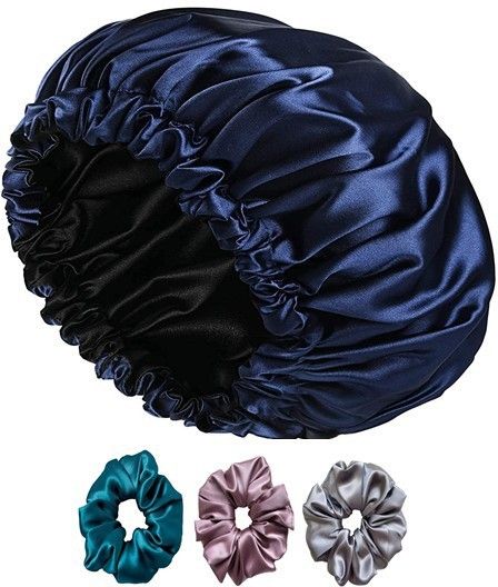 armoxa Diamond Satin Hair Cap for women hair beauty, Shower bonnet, 3 Scrunches (Blue)-picture-24