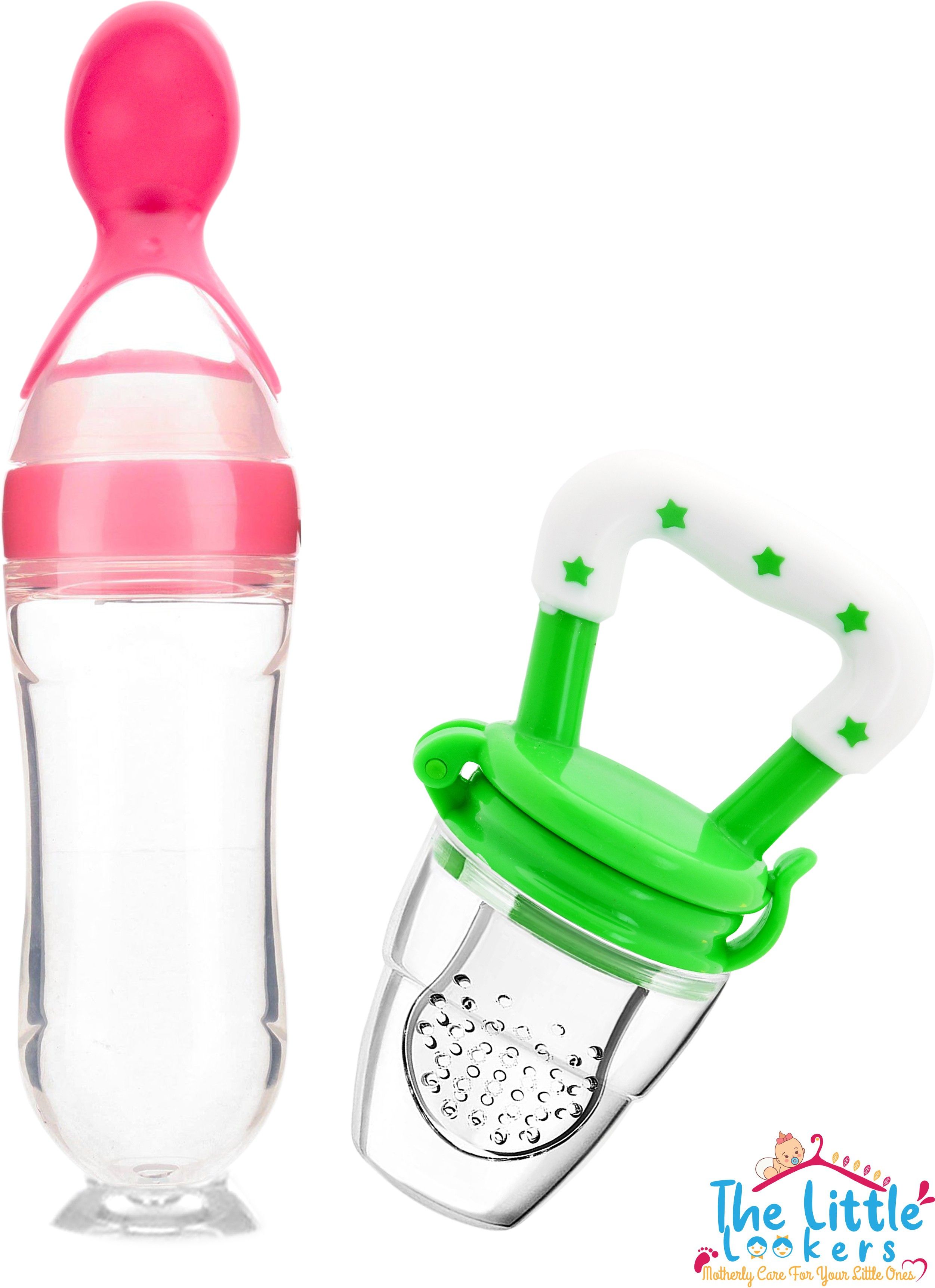 the little lookers Infant Squeezy Food Grade Silicone Bottle Feeder & Silicone Food Fruit Pacifier/Nibbler/Soother for Babies/Kids/Children (Squeezy Feeder 'Pink' + Pacifier 'Green'') (Pack of 2) - Silicone-picture-42