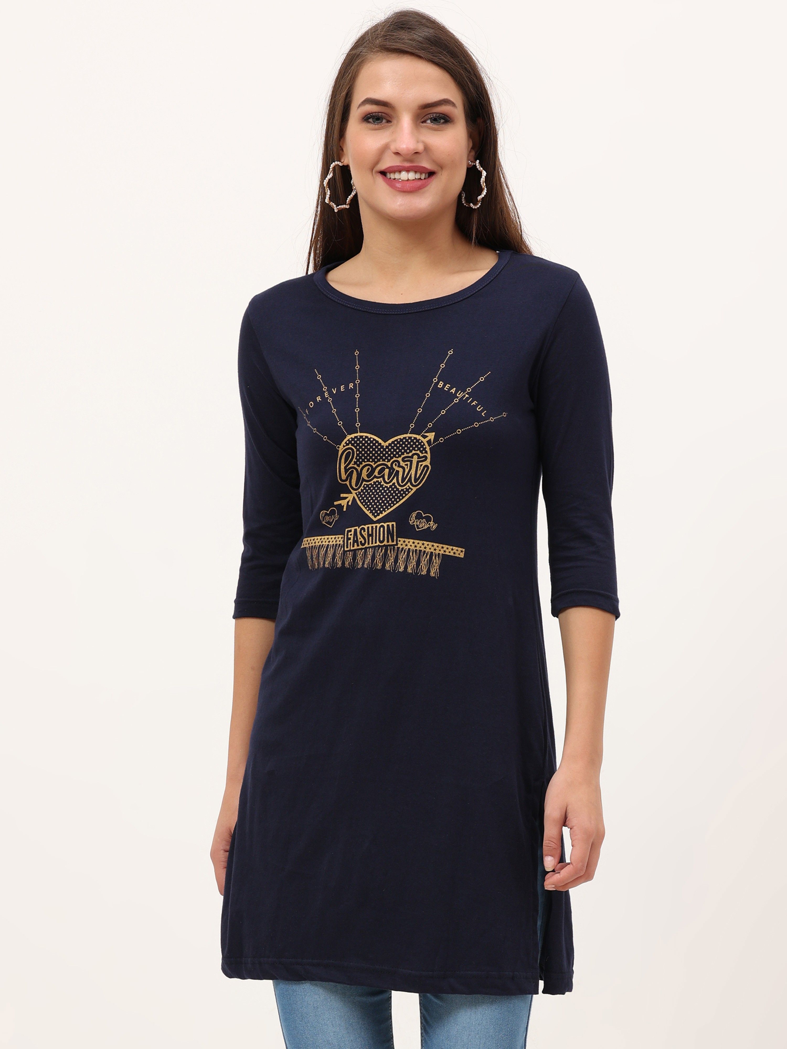 fleximaa Women Typography Round Neck Pure Cotton Navy Blue T-Shirt-picture-11