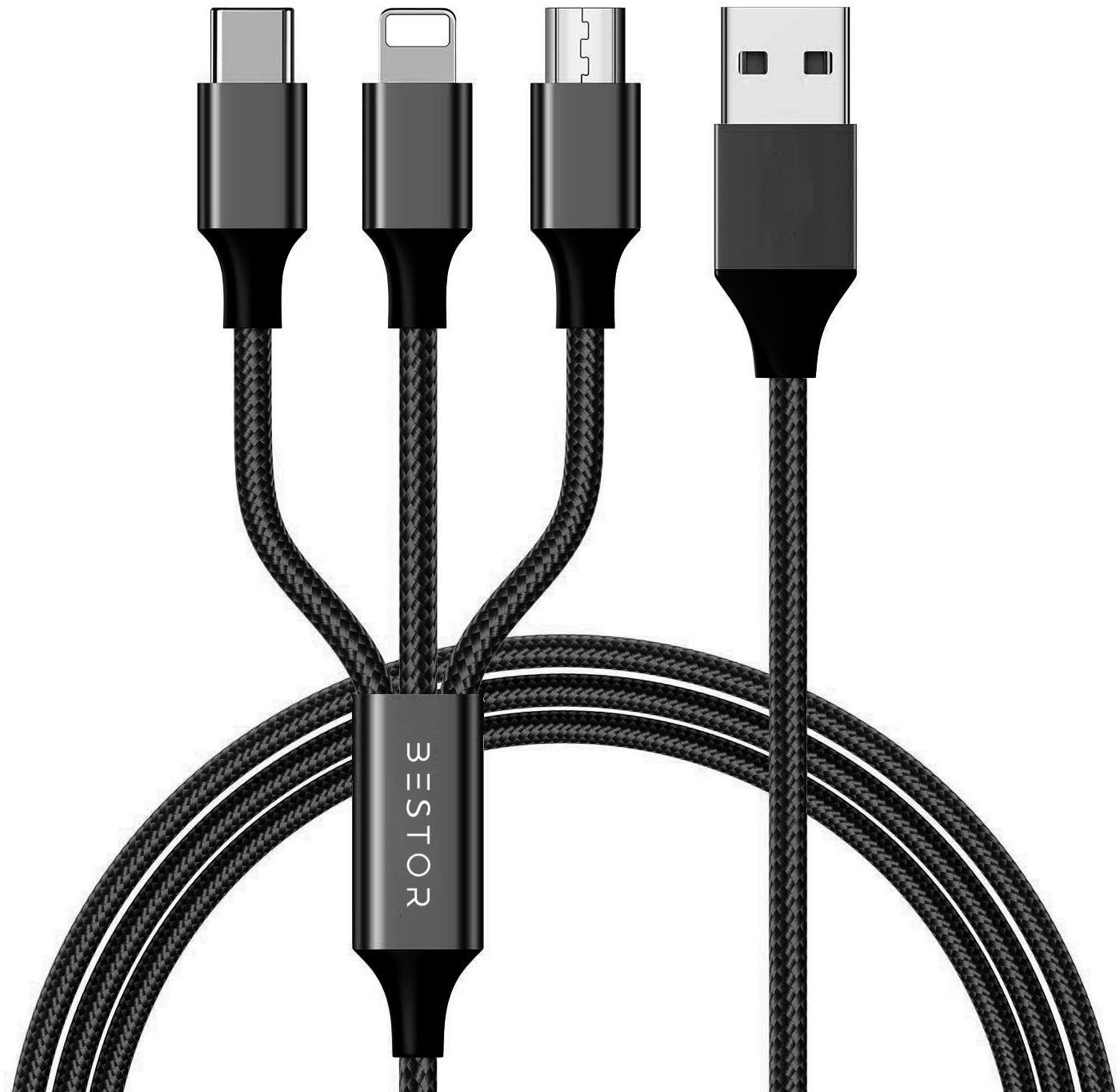 Bestor USB Type C Cable 2 A 1.2 m Multi Charging Cable 4ft 3 in 1 Nylon Braided Multiple USB Fast Charging Cable for Android, iOS and Type C Devices USB Port Connectors Compatible Smart Phones & Tablets And More (Black)