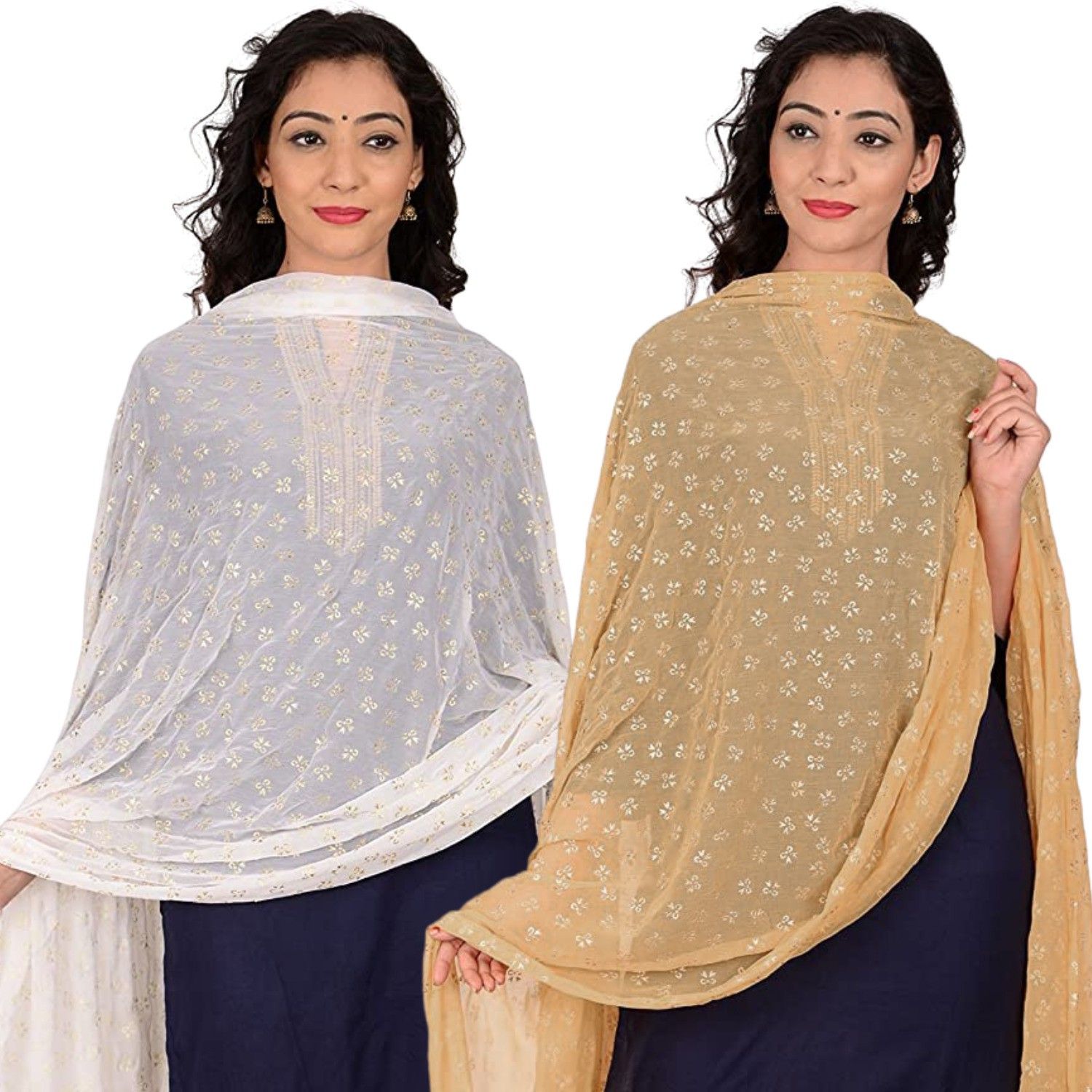 Chiffon Printed White, Gold Women Dupatta-image-1