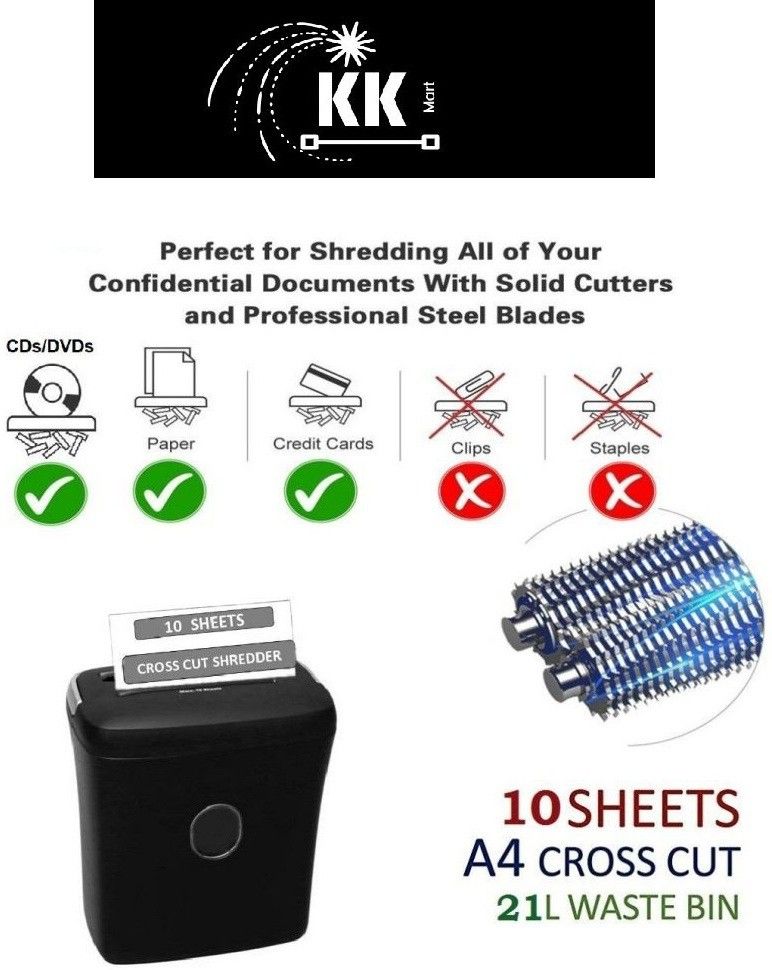 KK MART Paper Shredder 10 Sheets with CD/Credit Card Shredder(22 Litre Bin)-Cross Cut Paper Trimmer