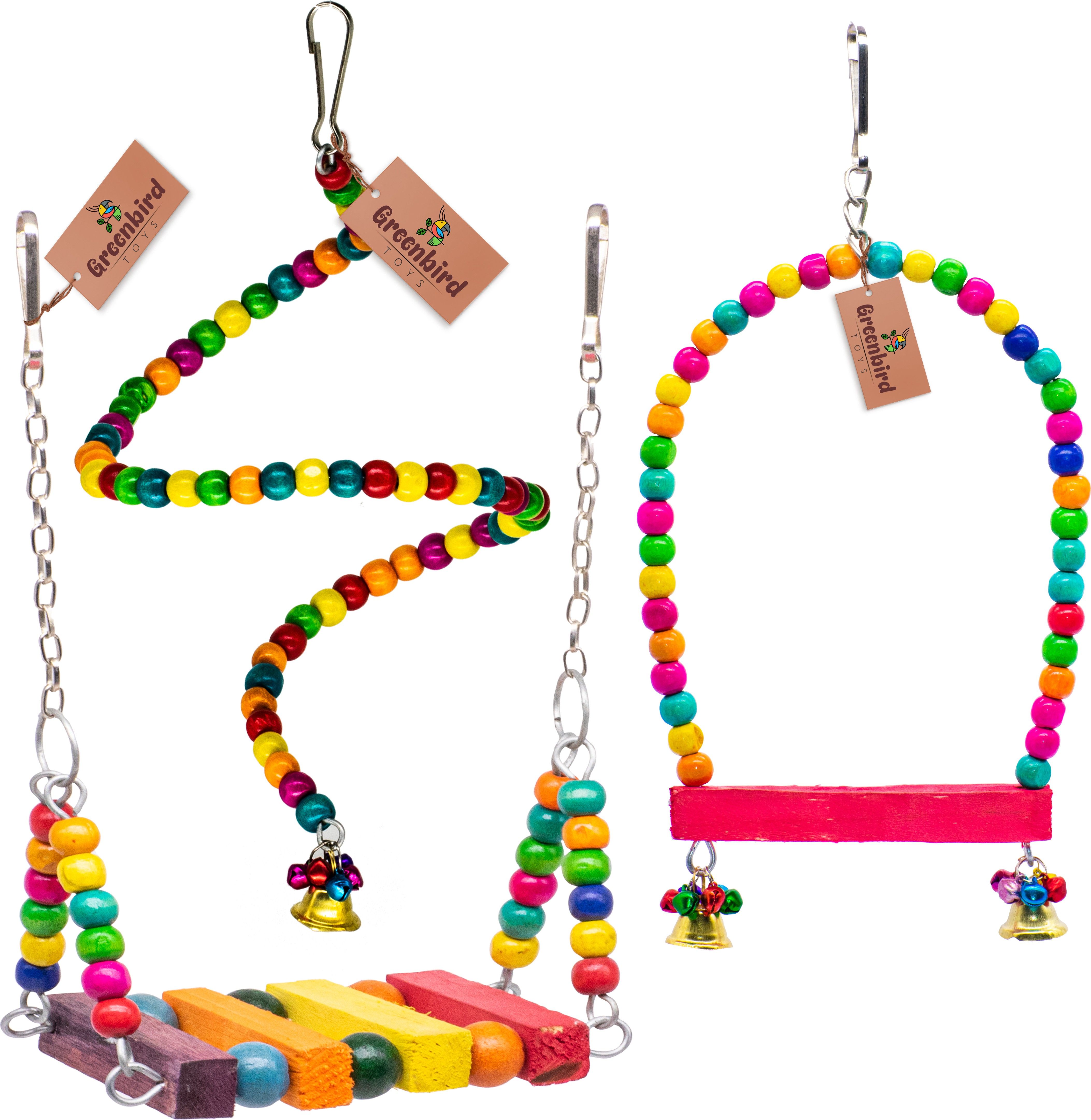 greenbirds Combo Of 3 Bird Toys Spiral Hanging, Wooden Swing & Perch For Bird & Parrot Wooden Chew Toy, Training Aid, Perch For Bird-picture-24