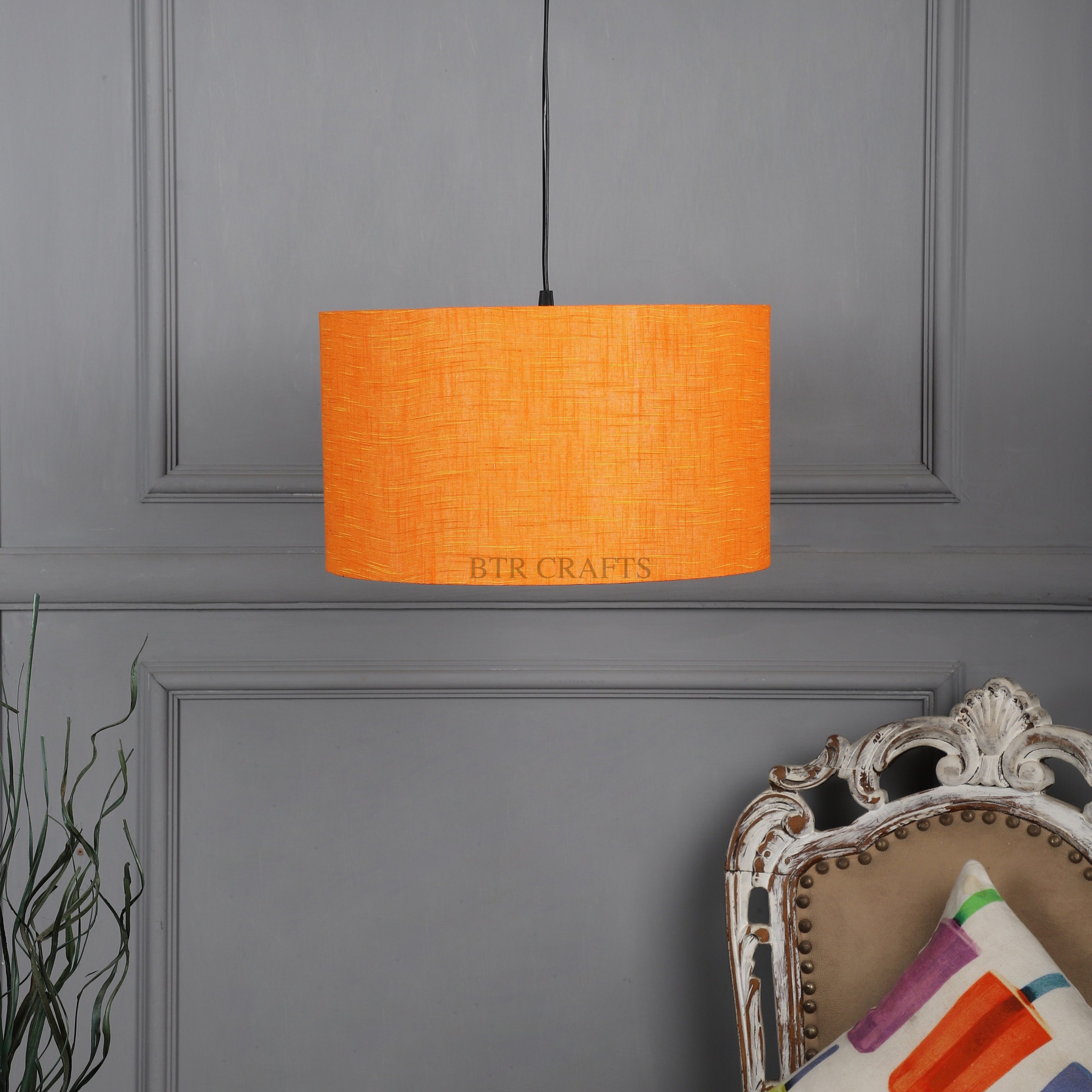 14" Inches Orange Texture Hanging Drum Lamp Shade , Silver Canopy S-Hook Silver Light Hanging Chain Rod